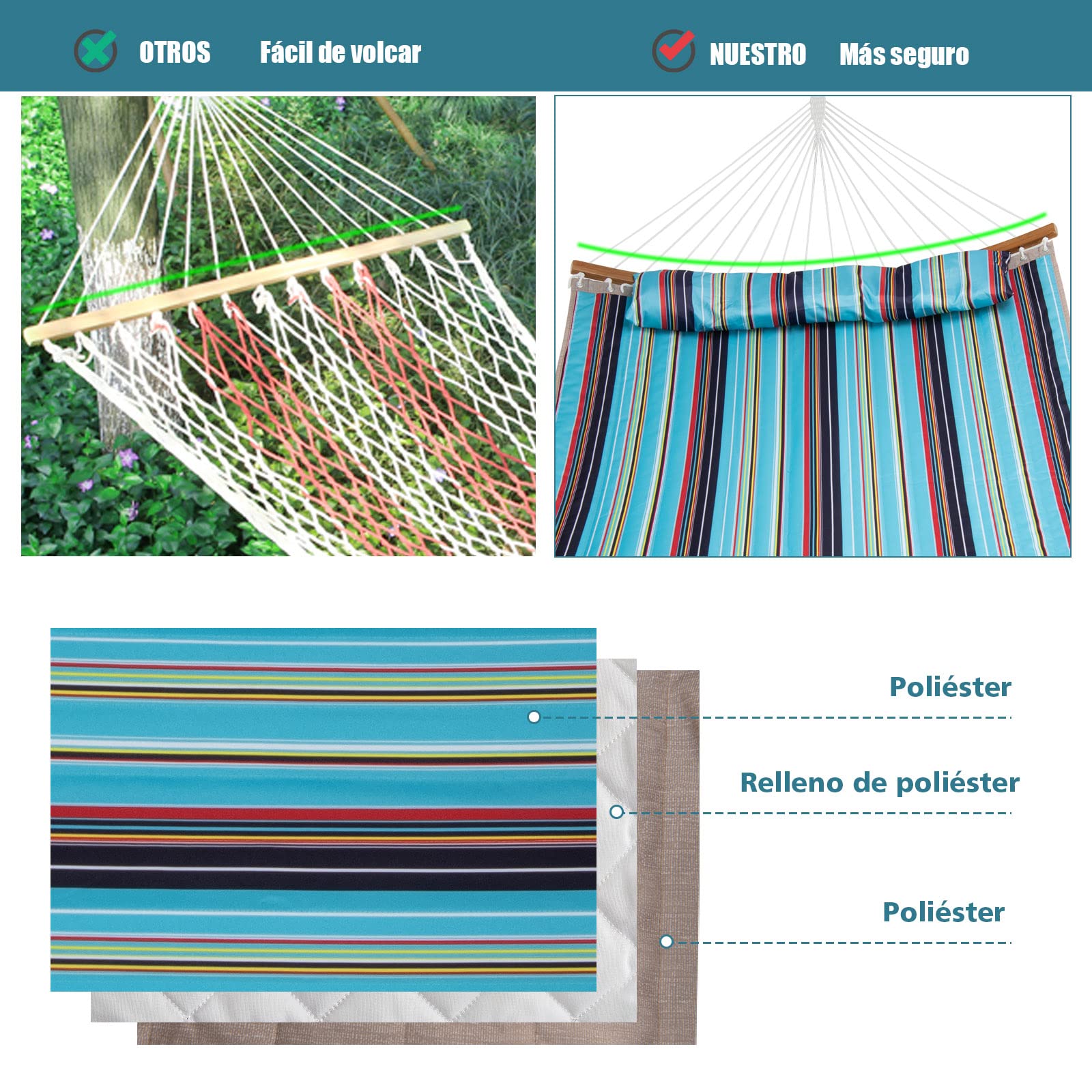 COSTWAY Hamaca Resistente, Hamaca de Exterior con Almohada Desmontable, Barra Separadora en Bambú Curvado, Hamaca Portátil para Patio Playa Jardín 189 x 135 cm, 150 kg (Azul)