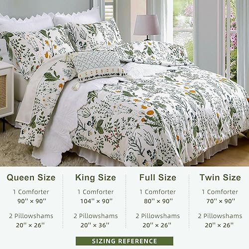 Miniatura 6 de SexyTown Juego de edredón floral Queen, edredón de algodón con estampado floral verde salvia, tamaño Queen, estampado botánico de flores verdes y