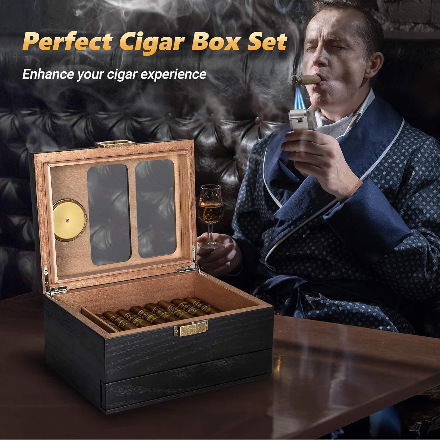 Cigar Humidor, Glass Top Cedar Wood Cedar Humidor Box, Cigar Case for 20-35 Cigars with Hygrometer and Multi-Function Cigar Lighter, Desktop Humidor, Gift for Humidor Cigar Box for Men