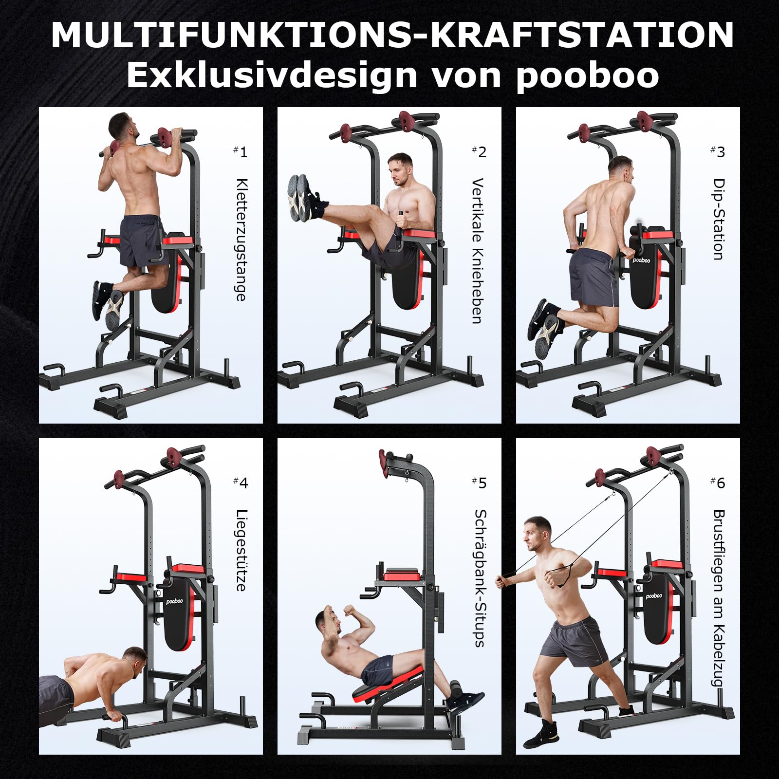 Pooboo Power Tower Dip Station Klimmzugstange für Fitness-Heimtraining, multifunktionales, höhenverstellbares Krafttrainingsgerät mit elastischen Seilen