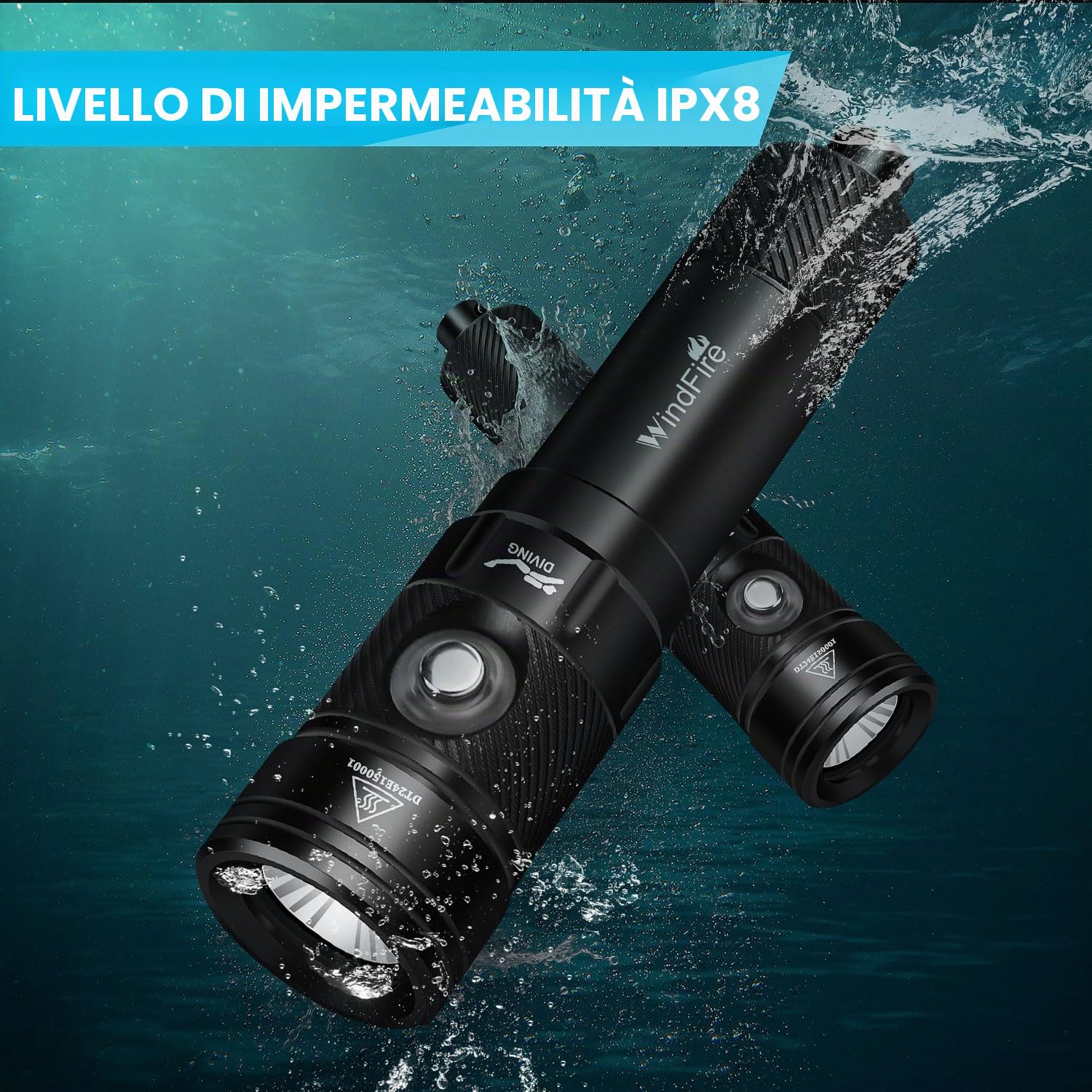 WINDFIRE Torcia Subacquea 8000 Lumen, IPX8 Torcia Impermeabile, 4 Modalità Luci Subacquee con Indicatore di Potenza, Luce snorkeling per Immersioni Notturne
