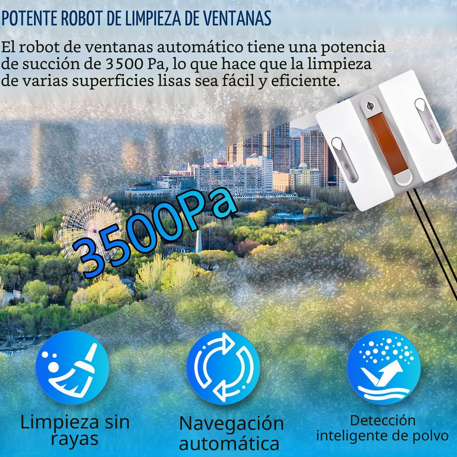 Robot Limpiacristales, 3500pa Limpia Cristales Electrico Ventanas con Mando, 3 Modos Limpieza,Navegación Inteligente,6 Paños de Limpieza, Limpiacristales Electrico para Ventanas, Espejos y Azulejos