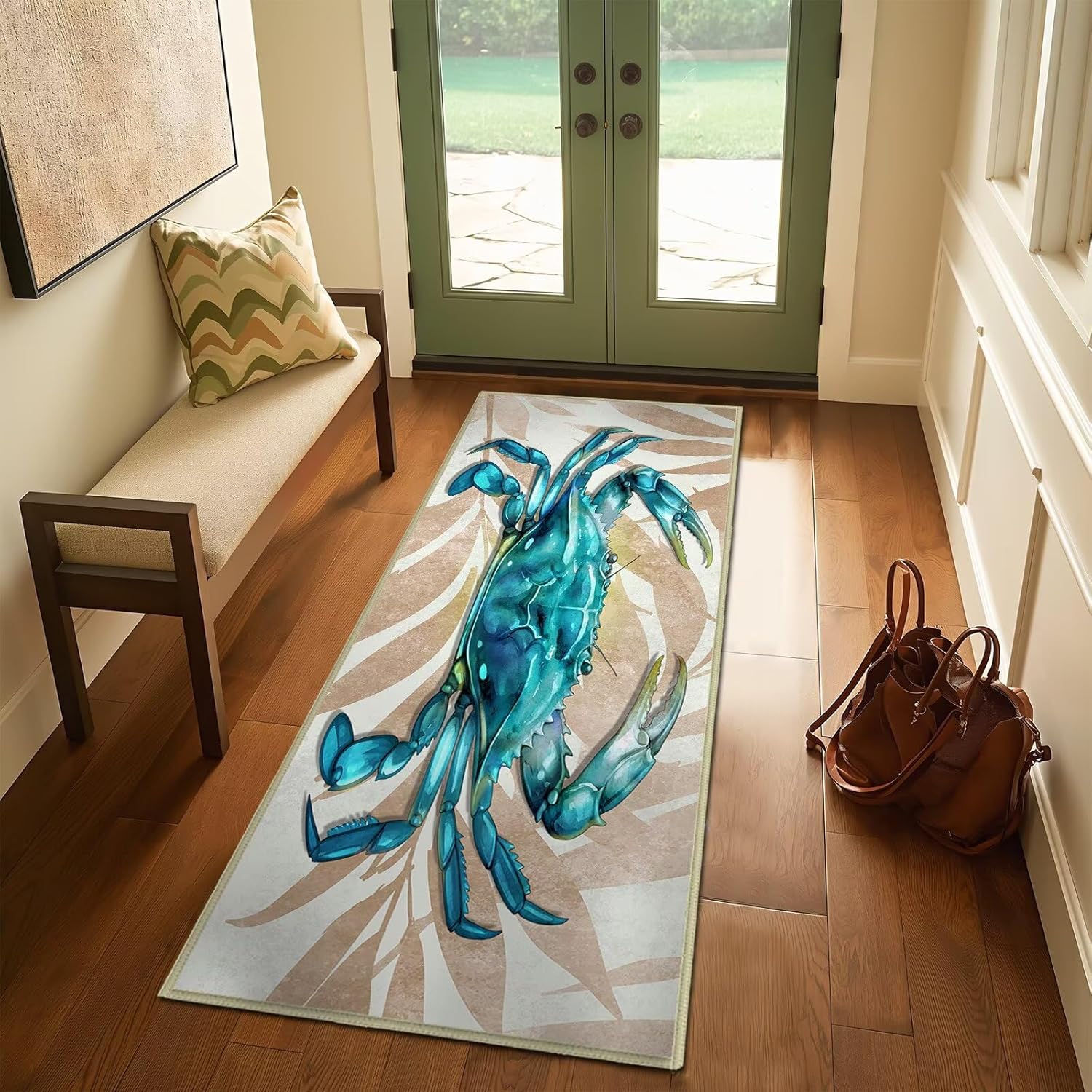 Crab Runner Rug 2x5 Bathroom Rug Ultra-Thin Throw Carpet Washable Kitchen Rugs Nautical Entryway Rugs Coastal Hallway Runners Non Slip Floor Accent Carpet for Entrance Door Mat,Bedroom Entry,Laundry