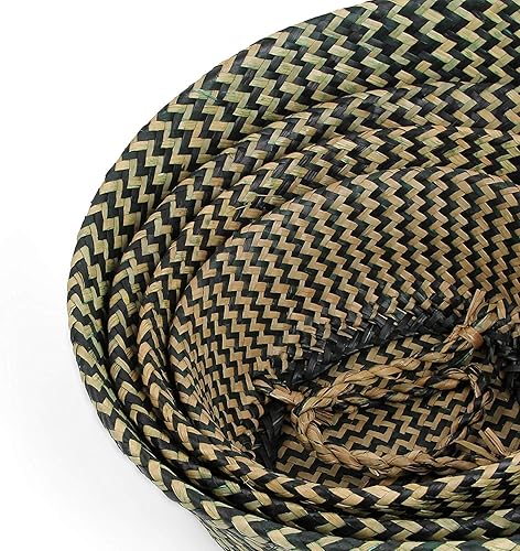 Miniatura 16 de Canasta de hierba marina tejida para almacenamiento, maceta, canasta para la ropa, picnic y las compras, L, Rayas negras 2-Rayas negras