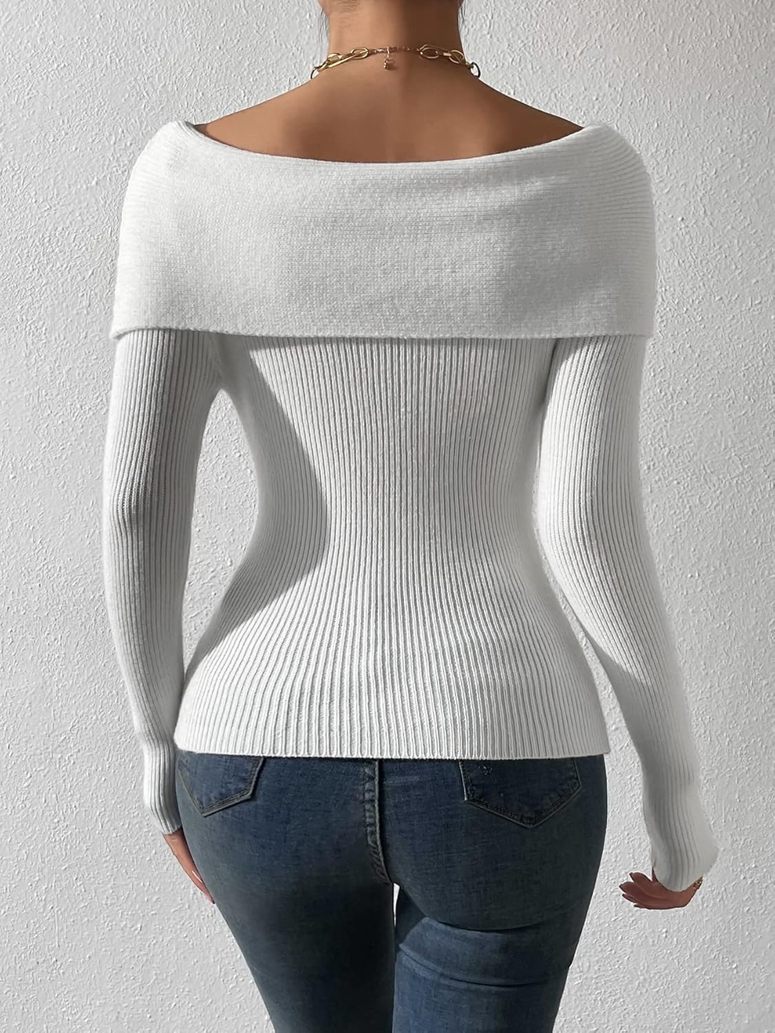 Women's Sweater Foldover Off Shoulder Rib-Knit Sweater Sweater for Women (Color : White, Size : Medium)