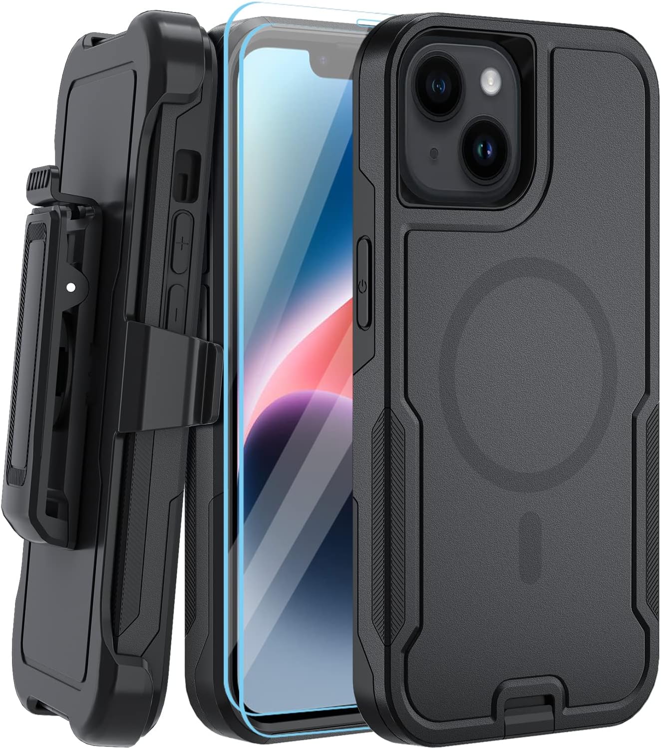 5-in-1 Magnetic Case for iPhone 13/14, Heavy Duty Case with Belt Clip Holster, Tempered Glass Screen Protector (2 Pcs), Black