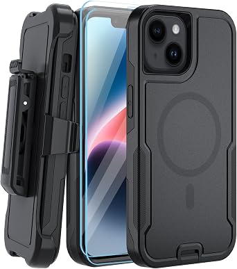 5-in-1 Magnetic Case for iPhone 13/14, Heavy Duty Case with Belt Clip Holster, Tempered Glass Screen Protector 2 Pcs, Black