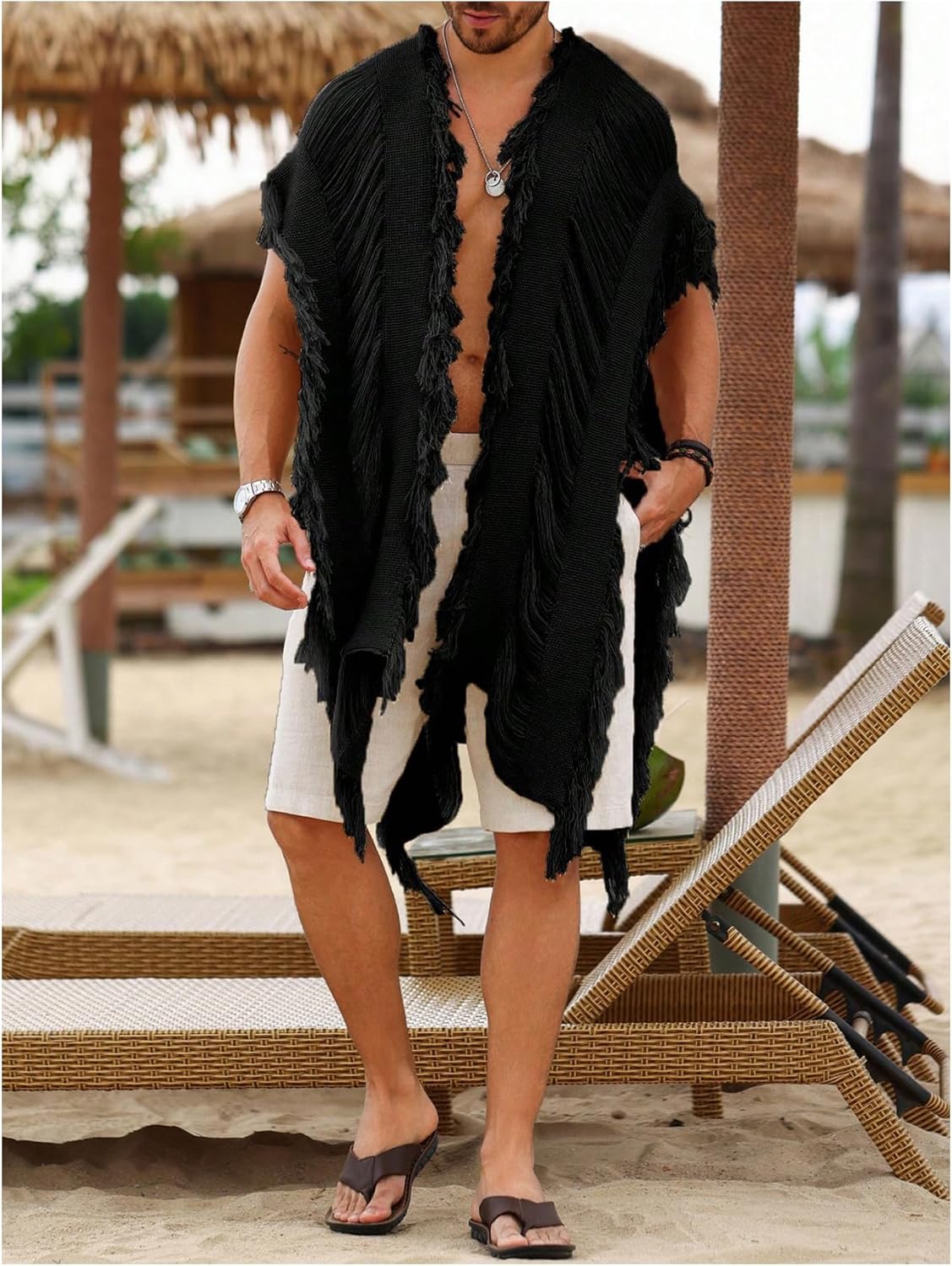 Verdusa Men's Knit Poncho Fringe Loose Cardigan Cape Knit Shawl Wrap Beach Vacation Outfits - Image 5