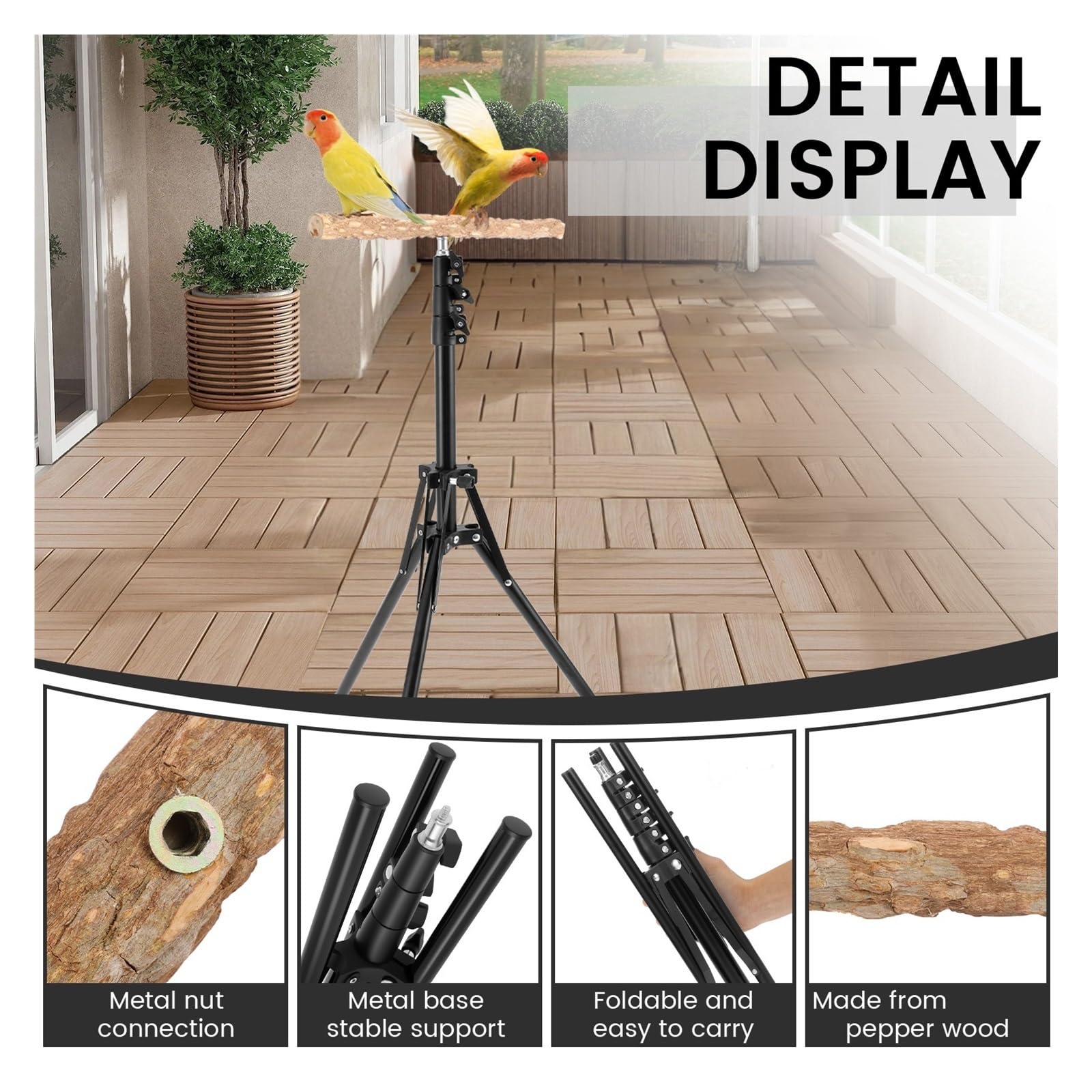 Posadero para Loros Percha de Madera Plegable y Ajustable en Altura for pájaros, Ideal for el Entrenamiento Loros Otras Aves. Juguete portátil for Exteriores