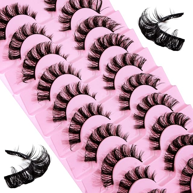 False Eyelashes Russian Strip Lashes D Curl Fluffy Wispy Lashes 10 Pairs Reusable Natural Look Faux Mink Lashes Volume Fake Eyelashes Handmade Thick Soft Long Dramatic Eyelashes (DH0602)