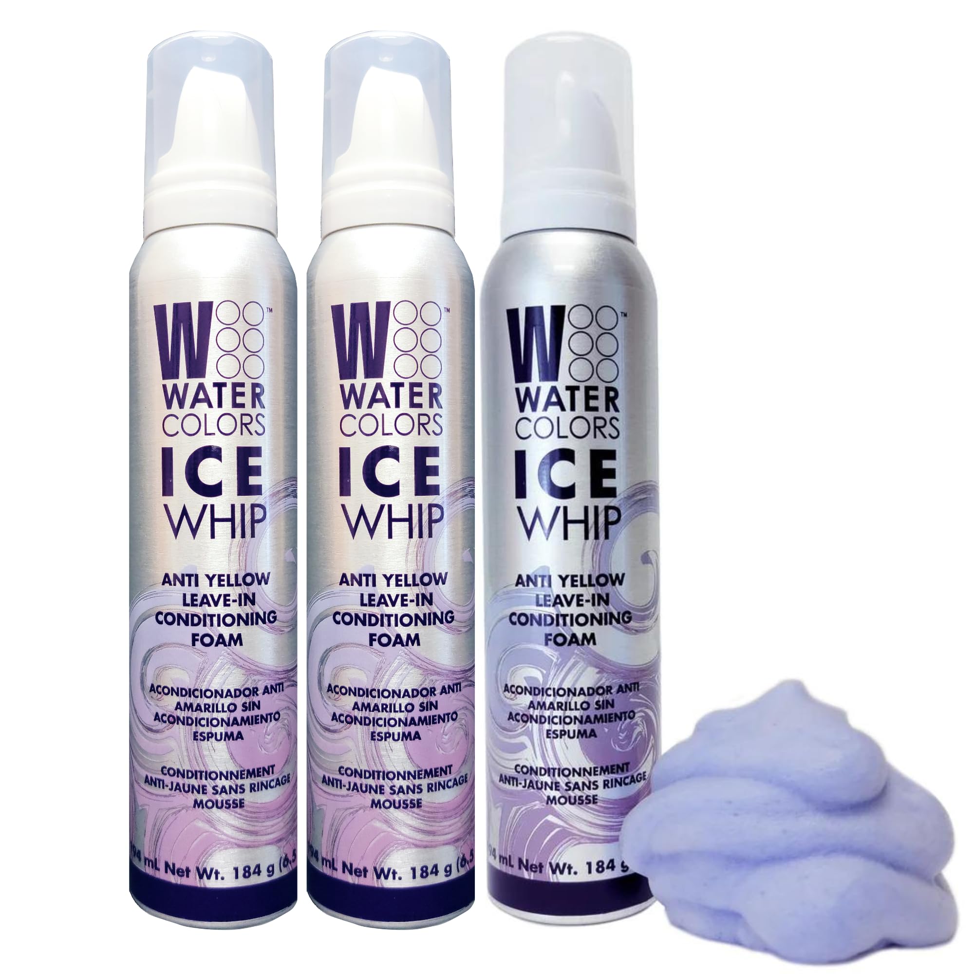 Watercolors Ice Whip Anti-Yellow Leave-In Conditioning Foam Mousse for Blonde, Platinum, Bleached, Silver, Gray, Ash & Brassy Hair - Violet Purple 6.5 oz, 3 Count