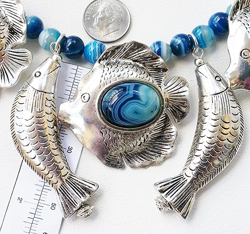 Miniatura 4 de 5 Silver Fish Pendants Nautical Gemstone Blue Agate Necklace Earrings One of a Kind