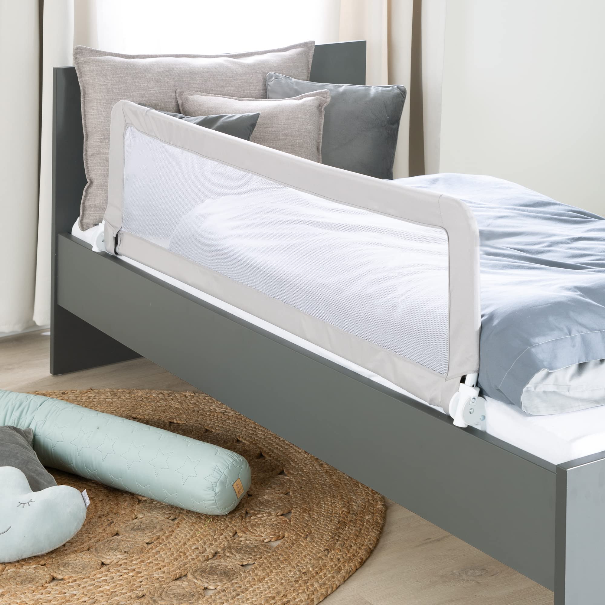 roba Barrière de Lit Enfant et Bébé Klipp-Klapp Inclinable et Antichute - Barre de Lit Rabattable - Longueur 100 cm - Hauteur 51 cm - Gris
