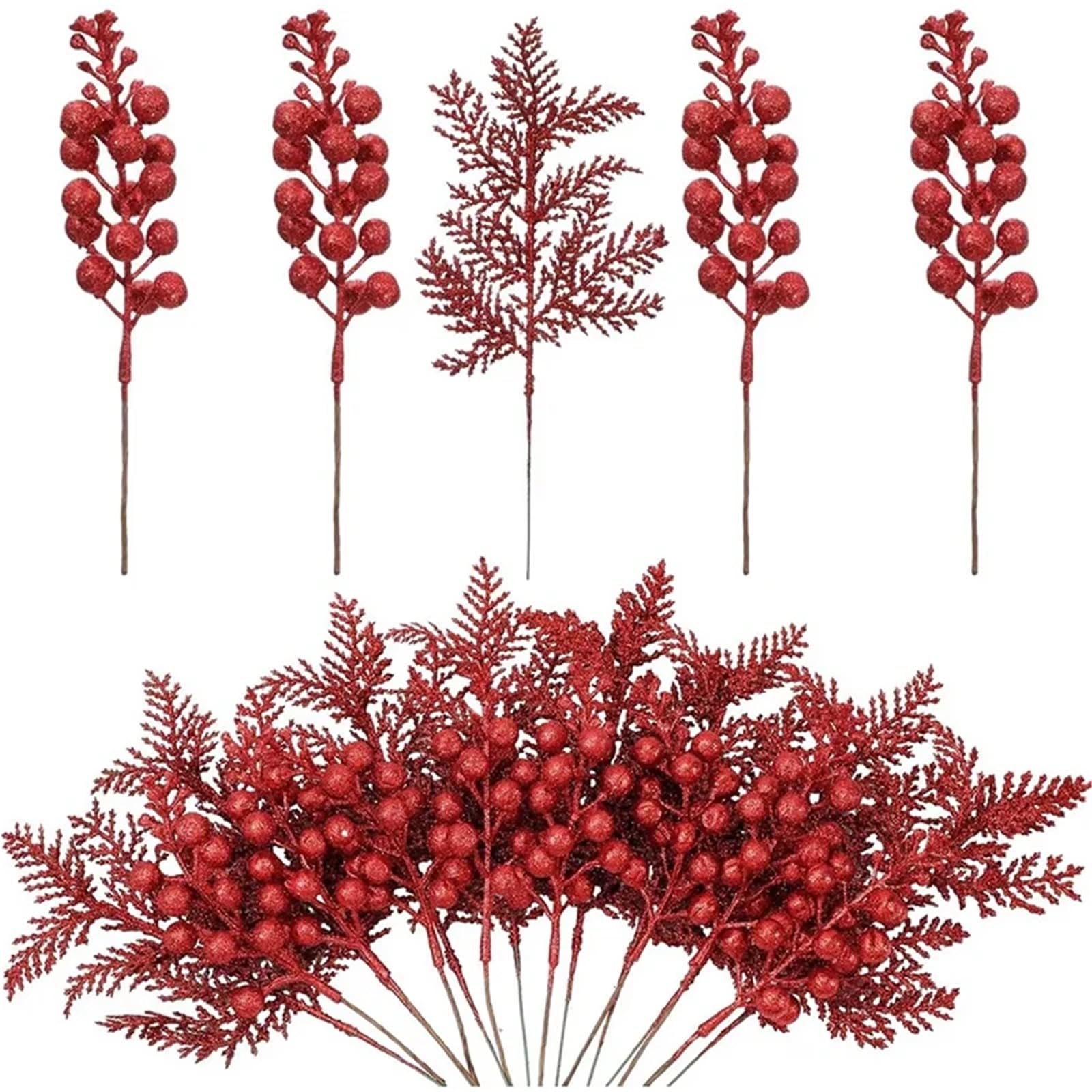TGDGFKIAS Artificial Pine Branches, Christmas Glitter Artificial Pine Needles & Berry Bouquet Pack of 20 Multicolor Tree Decor(Red)