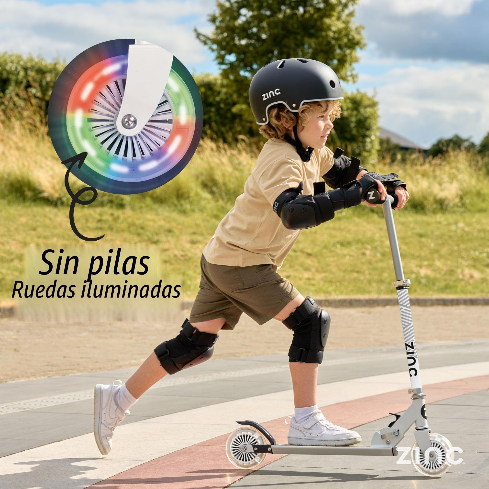 Zinc Two Wheeled Kids Scooter for Ages 3+ – Folding 2-Wheel Kick Scooter with Light Up Wheels, Lightweight, Height Adjustable, Anti-Slip Footplate, Rear Footbrake