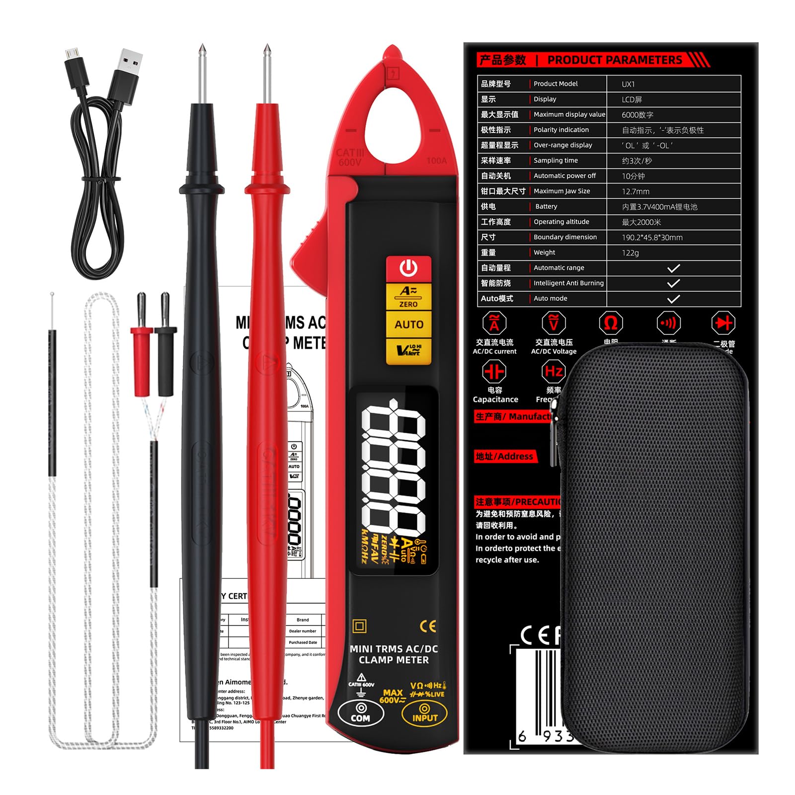 Lxjlxd 6000 Counts Digital Clamp Meter Multimeter 100A Current Voltages Tester Resistance Diode Current Voltages