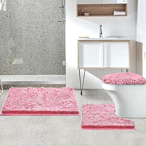 Miniatura 2 de Juego de 3 alfombras de baño de felpilla ultra suave, antideslizante y súper absorbente, parte inferior de PVC fuerte, lavable a máquina, color rosa
