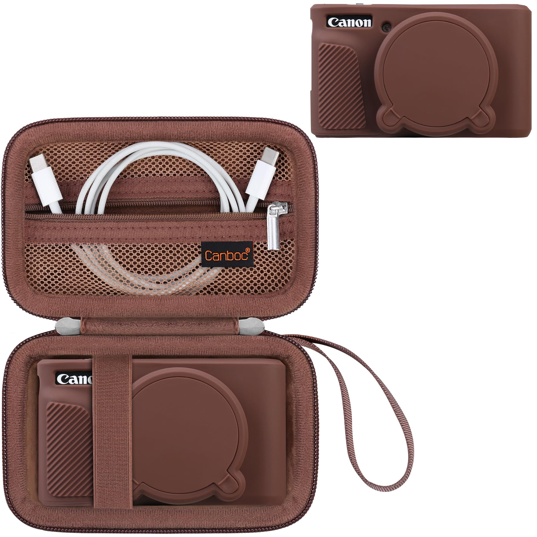 Canboc Custodia fotocamera digitale Canon PowerShot SX740 SX730 HS, custodia da trasporto dura + copertura protettiva in silicone morbido con copertura lente rimovibile, marrone