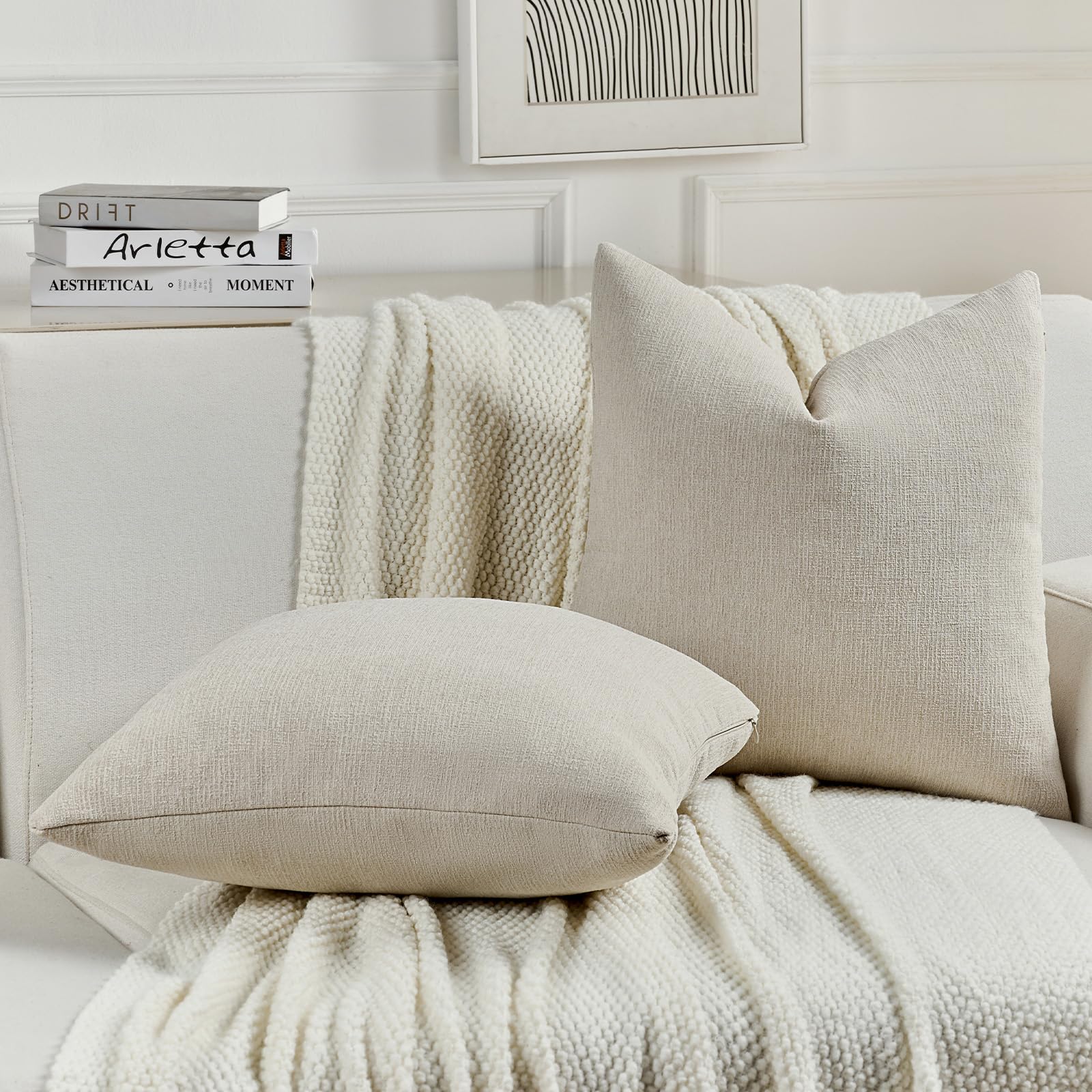 FUTEI Lot de 2 housses de coussin décoratives en chenille synthétique douce et confortable en faux lin texturé pour décoration d'intérieur de style rustique, canapé, salon, 50,8 x 50,8 cm, beige