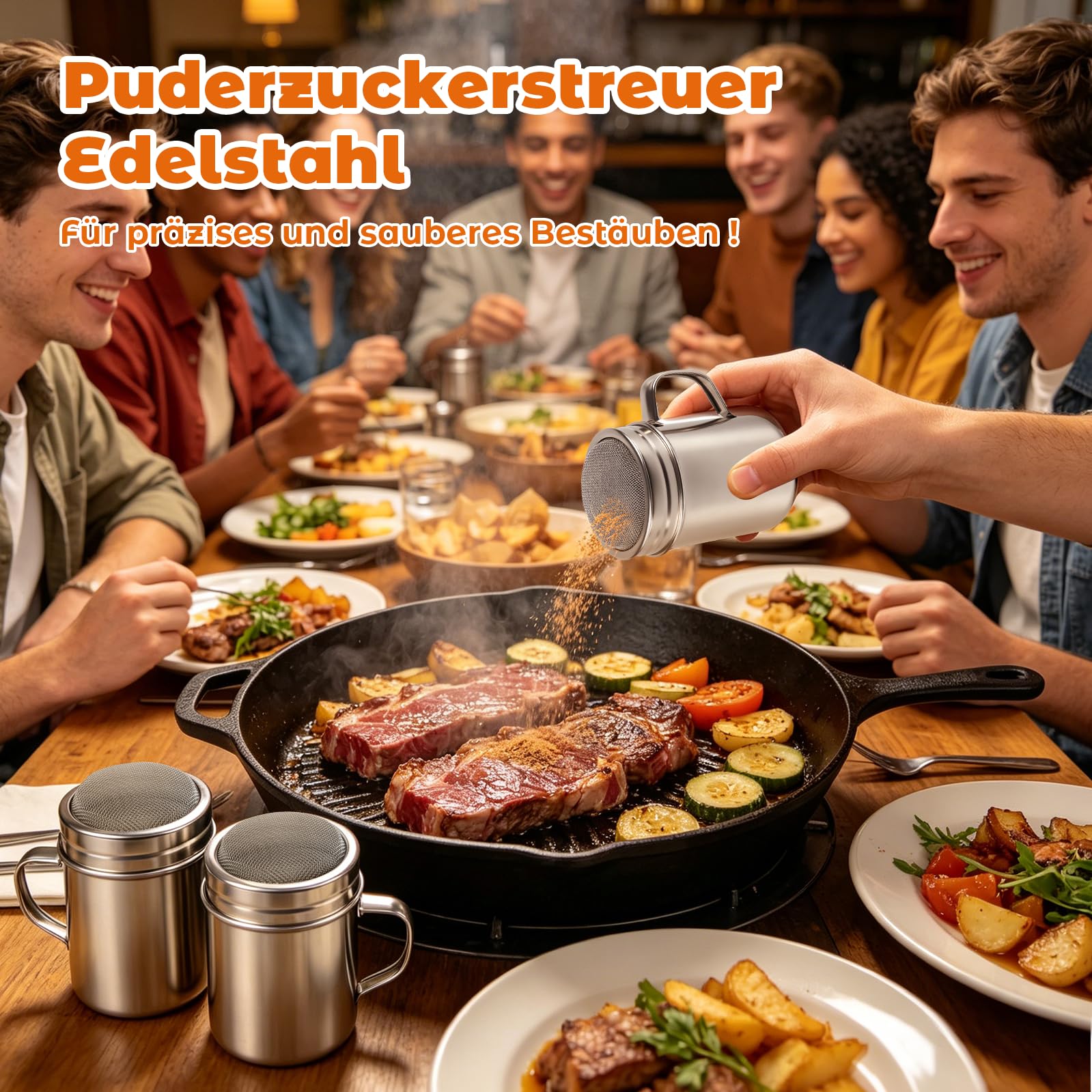 2 Stück Puderzuckerstreuer 304 Edelstahl, Mehlstreuer mit Griff & Deckel, Kakaostreuer für Cappuccino, Staubzuckerstreuer Zimtstreuer, Puderzuckermühle zum Drehen, Mehlsieb Puderzuckersieb Feinmaschig