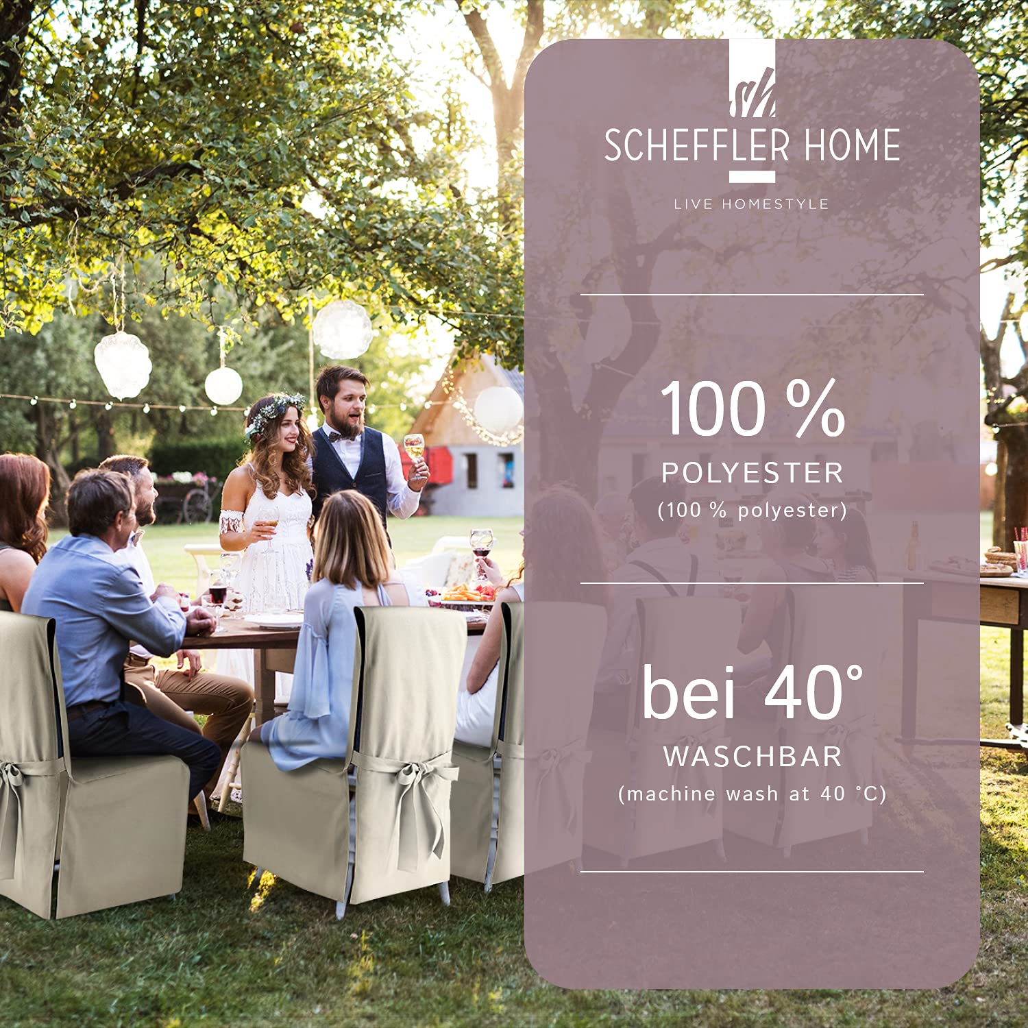 SCHEFFLER-Home Stuhlhusse Mila 6er Set/Festlicher Stuhlbezug mit Schleife für Weihnachten, Hochzeit, Geburtstag/Elegante Bankett-Husse für jeden Anlass und Stuhl/Für Esszimmer, Wohnzimmer/Beige