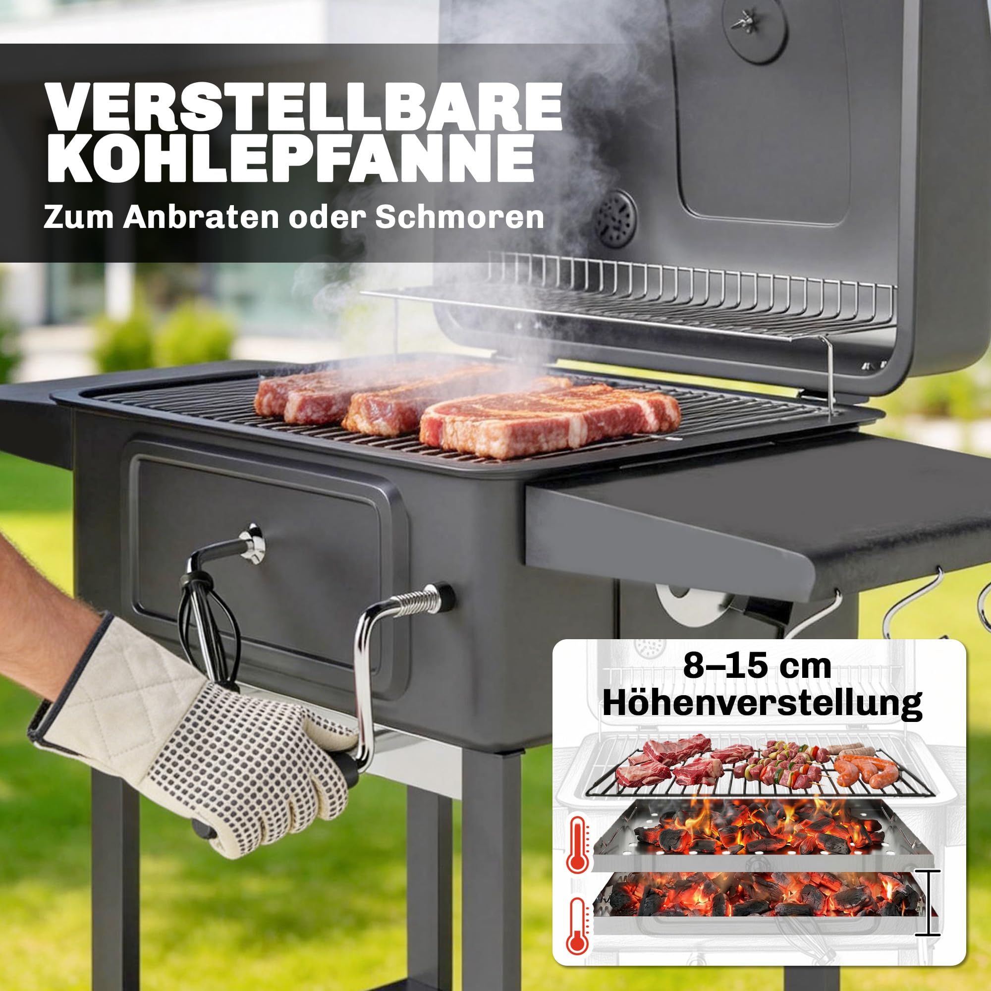 Outsunny Grill węglowy BBQ Smoker z pokrywą, termometrem, regulowaną wysokością węgla, kominem, rusztem, boczną półką i tacką na popiół, grill na kółkach do ogrodu i kempingu