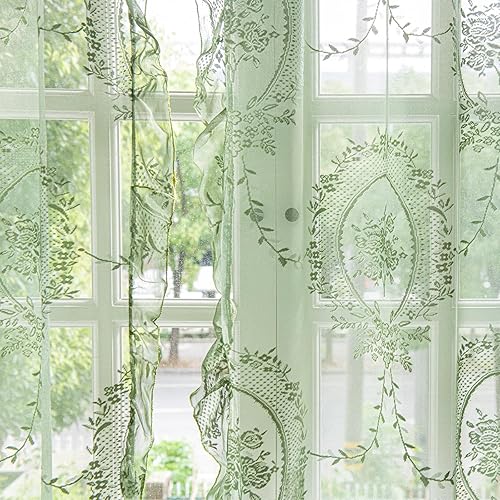 Deeprove Juego de 2 paneles de cortinas de encaje verde de 84 pulgadas de largo, con volantes florales bohemios traslúcidos, estilo shabby chic,