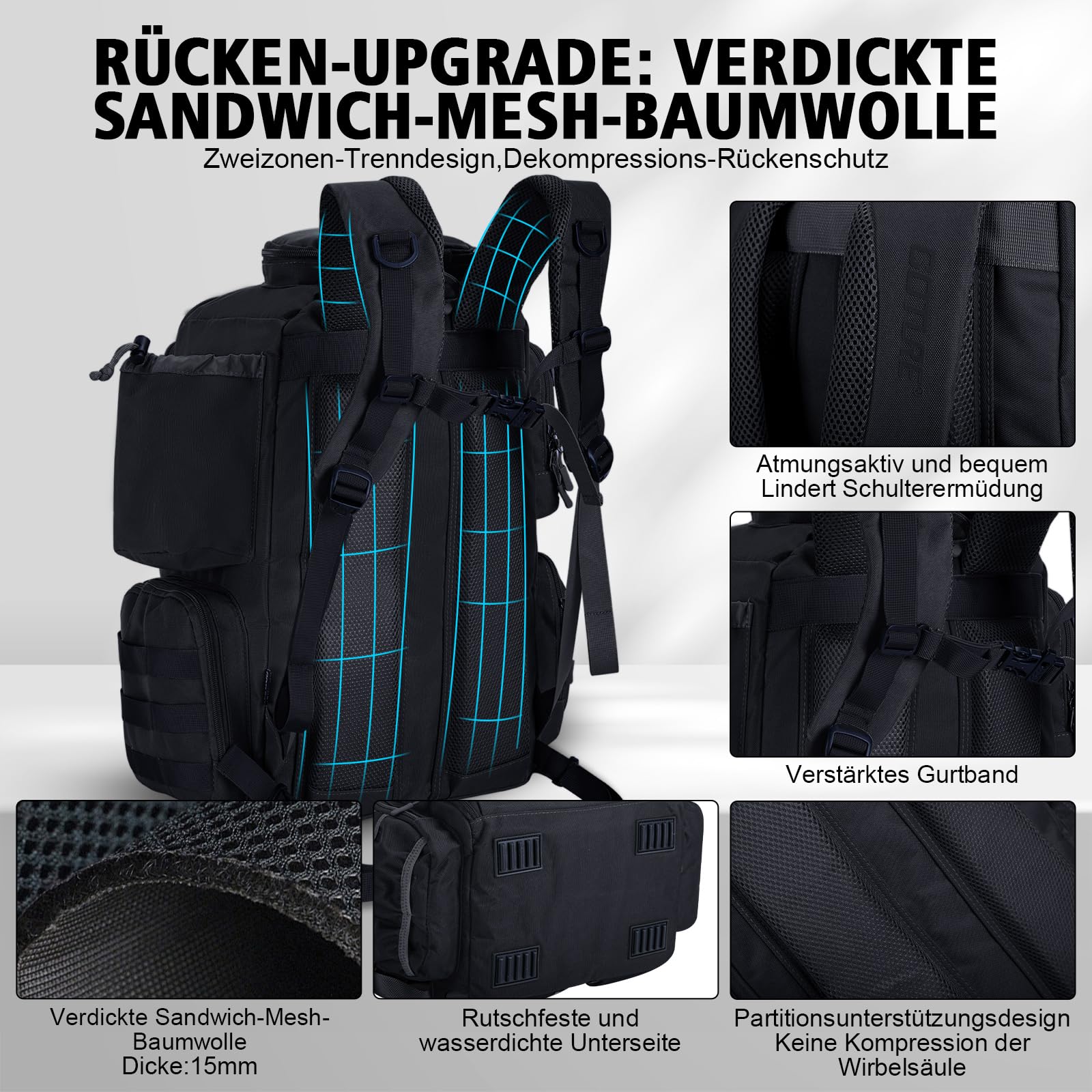 Goture Angelrucksack mit 4 Köderbox Angeln, 45-Liter Angelzubehör-Rucksack mit Zwei Rutenhaltern und Regenschutz, 900D Oxford-Gewebe Wasserabweisende Angelgerätetasche mit verstellbarem Fach