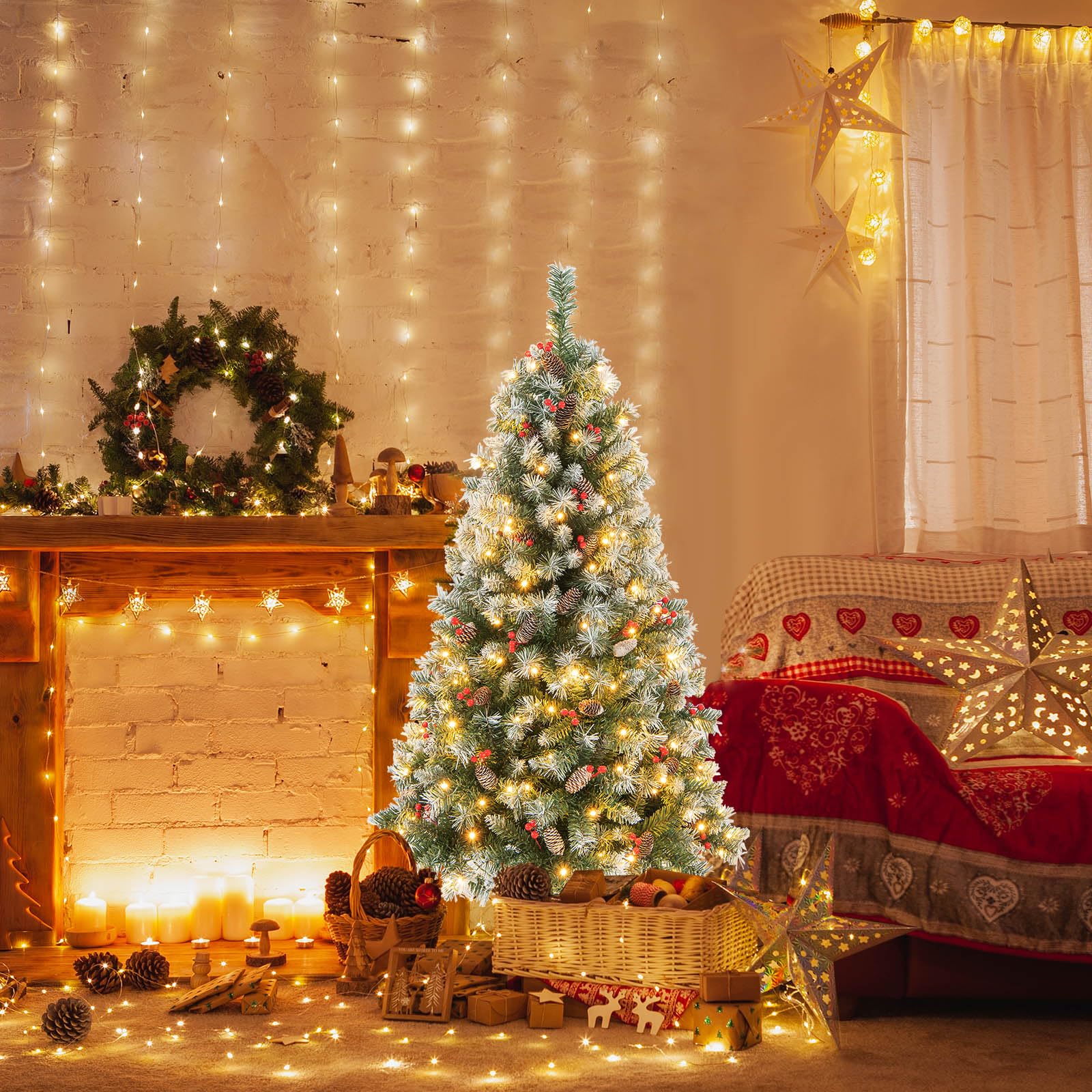 GYMAX 150 cm Albero di Natale Innevato Automatico, con 200 Luci a 8 Modalità, 450 Rami in PVC, 26 Pigne e 126 Bacche, Folto e Realistico, Base Pieghevole in Metallo, Montaggio Facile