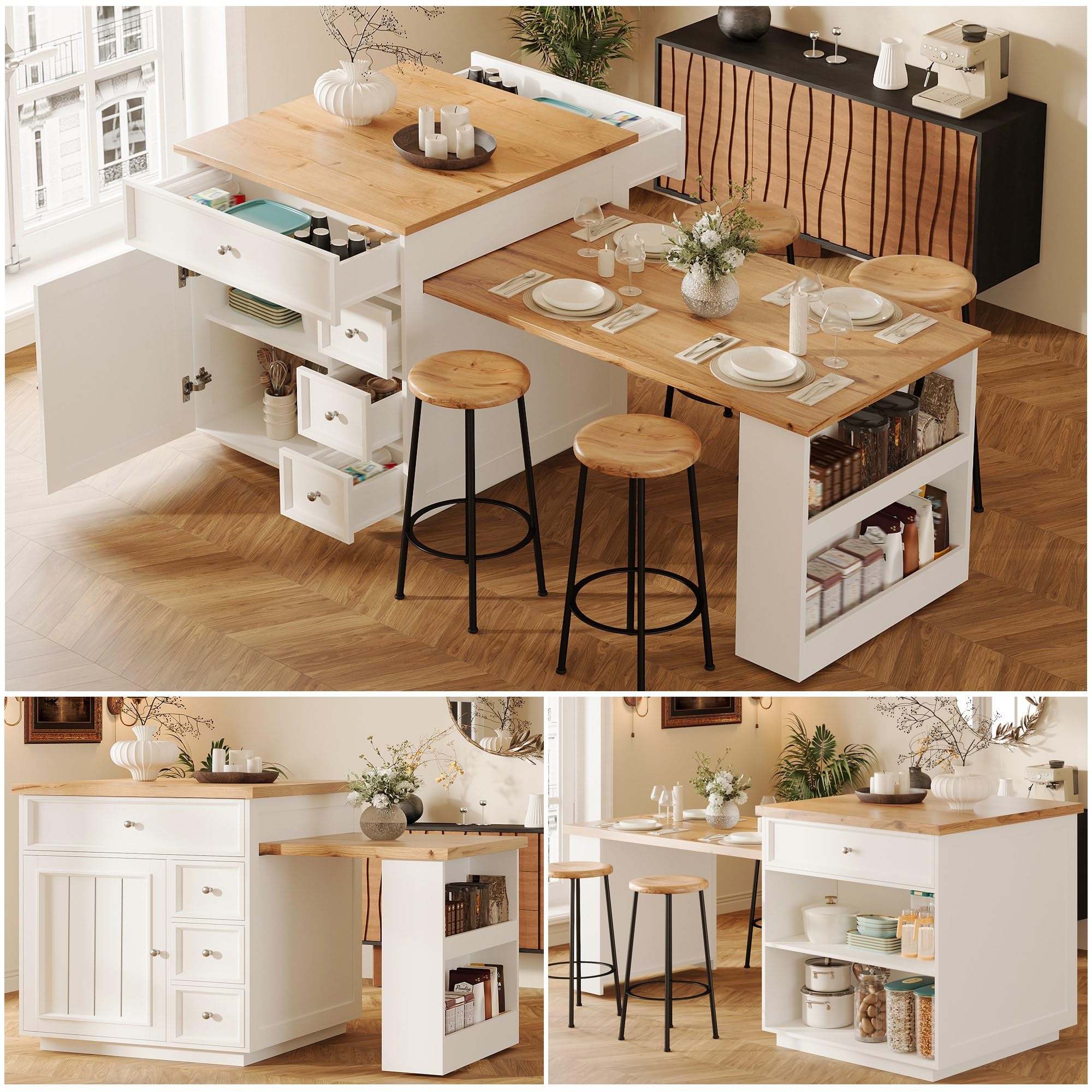 Ausziehbare Kücheninsel (120-184 cm) mit Schubladen und Rollen, fahrbare mit Holzoptik-Tischplatte, Vielseitige Thekeninsel für Küche, Esszimmer & Bartresen, Weiß