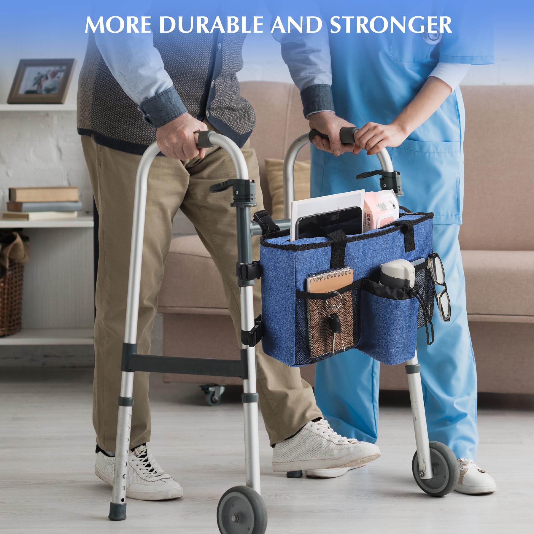 Accesorios para andador plegable con portavasos, bolsillo, organizador de bolsa de almacenamiento con hebilla (azul)