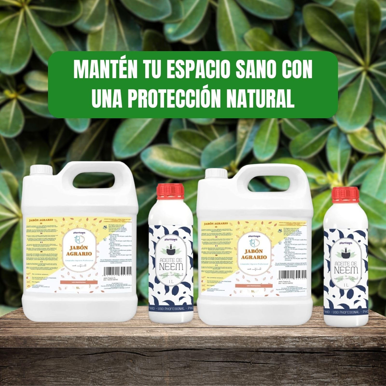 PLANTAWA Pack Jabón Potásico 2x5L + Aceite de Neem 2x1L | Solución Multiusos | Fácil Aplicación y Máxima Eficacia | Versátil | Uso en Interior y Exterior | Productos de origen natural