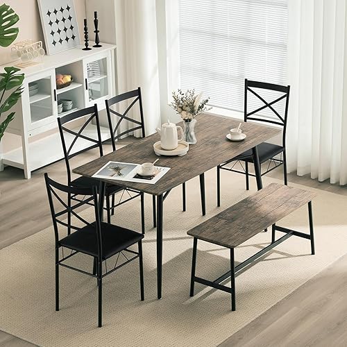 VINGLI Juego de mesa de comedor moderna de 55 pulgadas para 6, mesa rectangular de comedor de cocina, banco, juego de mesa de comedor de madera de 6