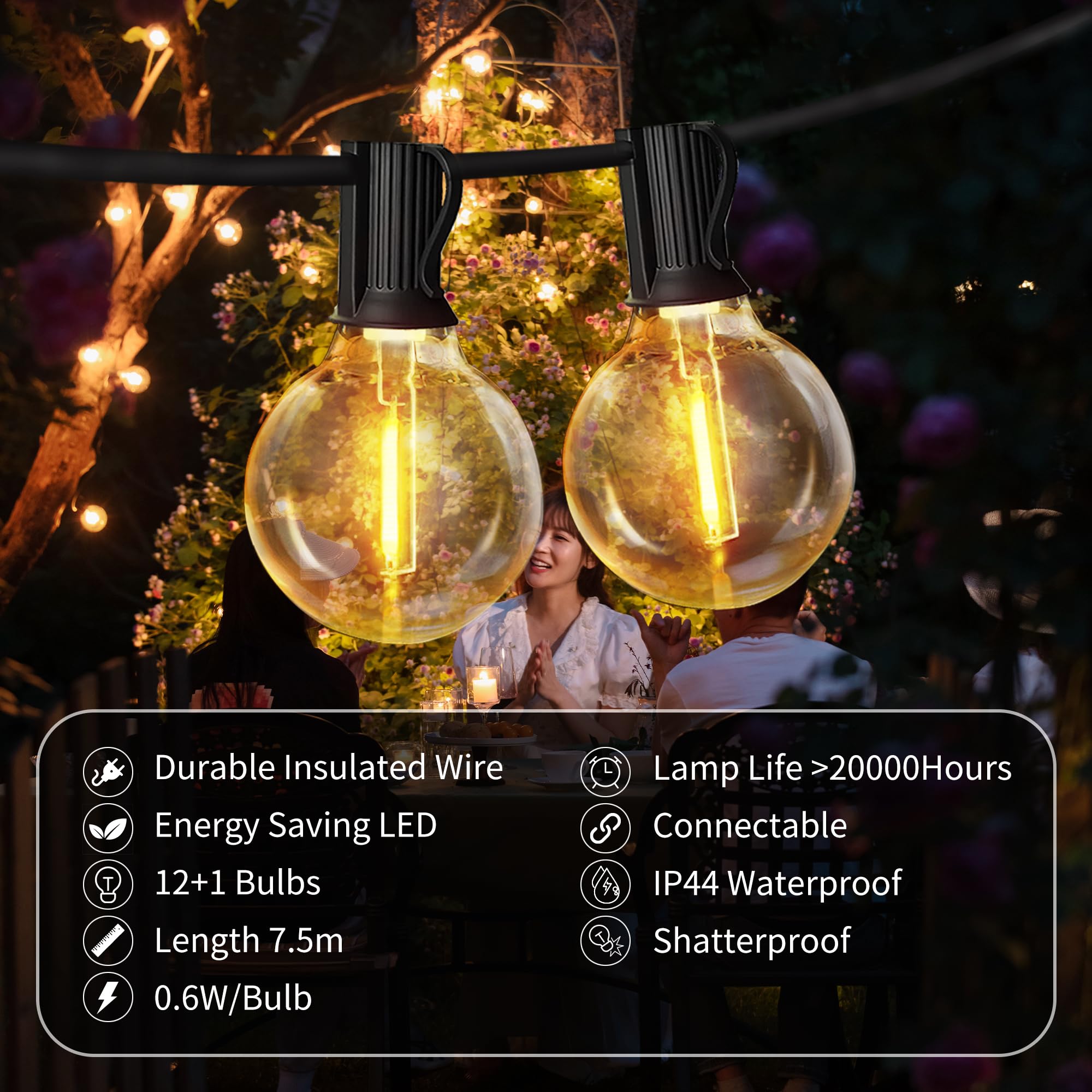 Sanweyter Catena Luminosa Esterno 7.5M, G40 LED Luci da Esterno Giardino Luce da esterno Giardino Impermeabile IP44 Luci Esterno, Adatta per Festival, Matrimoni, Feste, Giardini, Terrazze