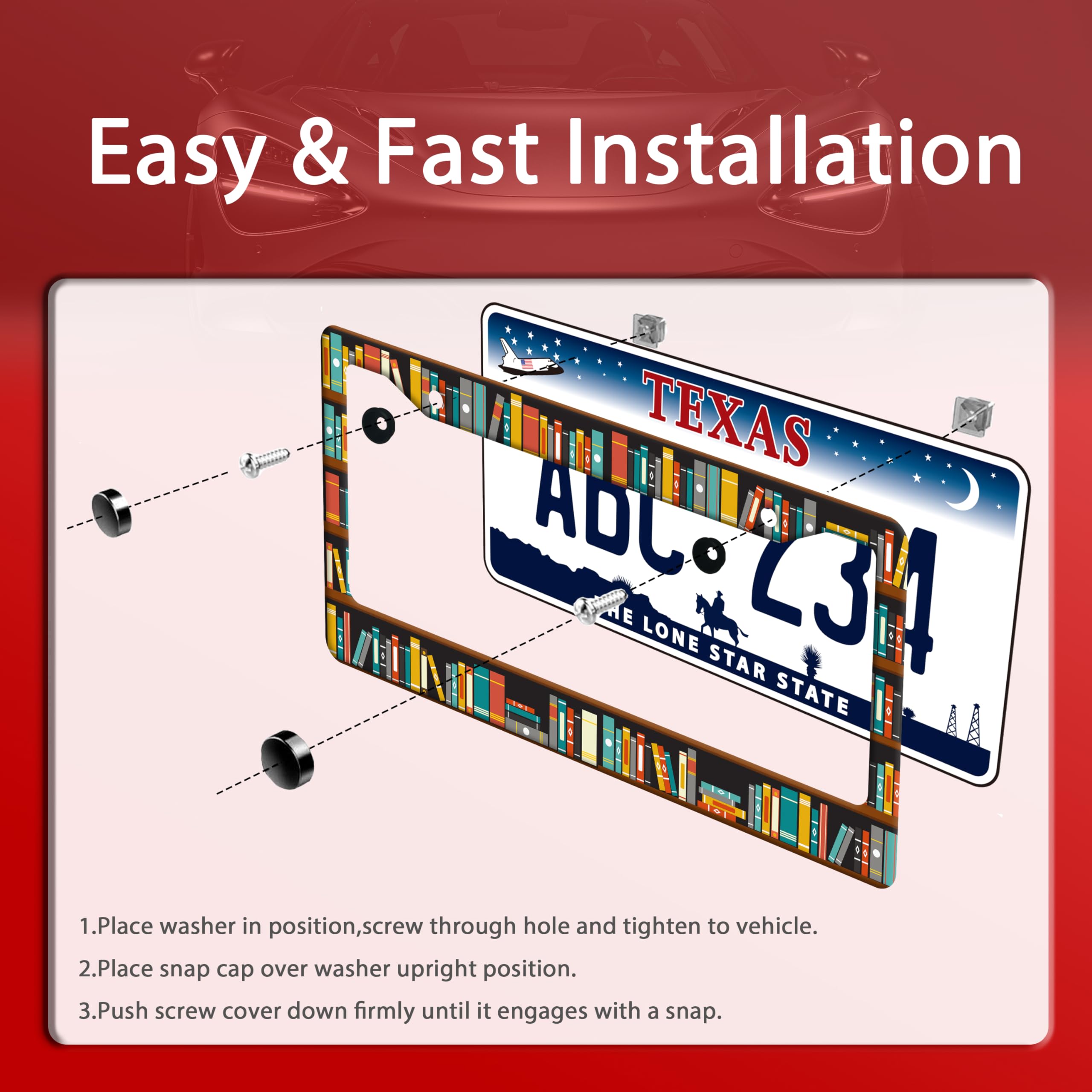 Cartoon Bookshelf Pattern License Plate Frame Funny Books License Plate Holder Stainless Steel Accessories License Plate Cars Decoration — view 3