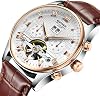 Mens Automatic Watches Skeleton Tourbillon Self Winding Mechanical Waterproof Genuine Leather Strap Luxury Dress Wrist Watch with Calendar