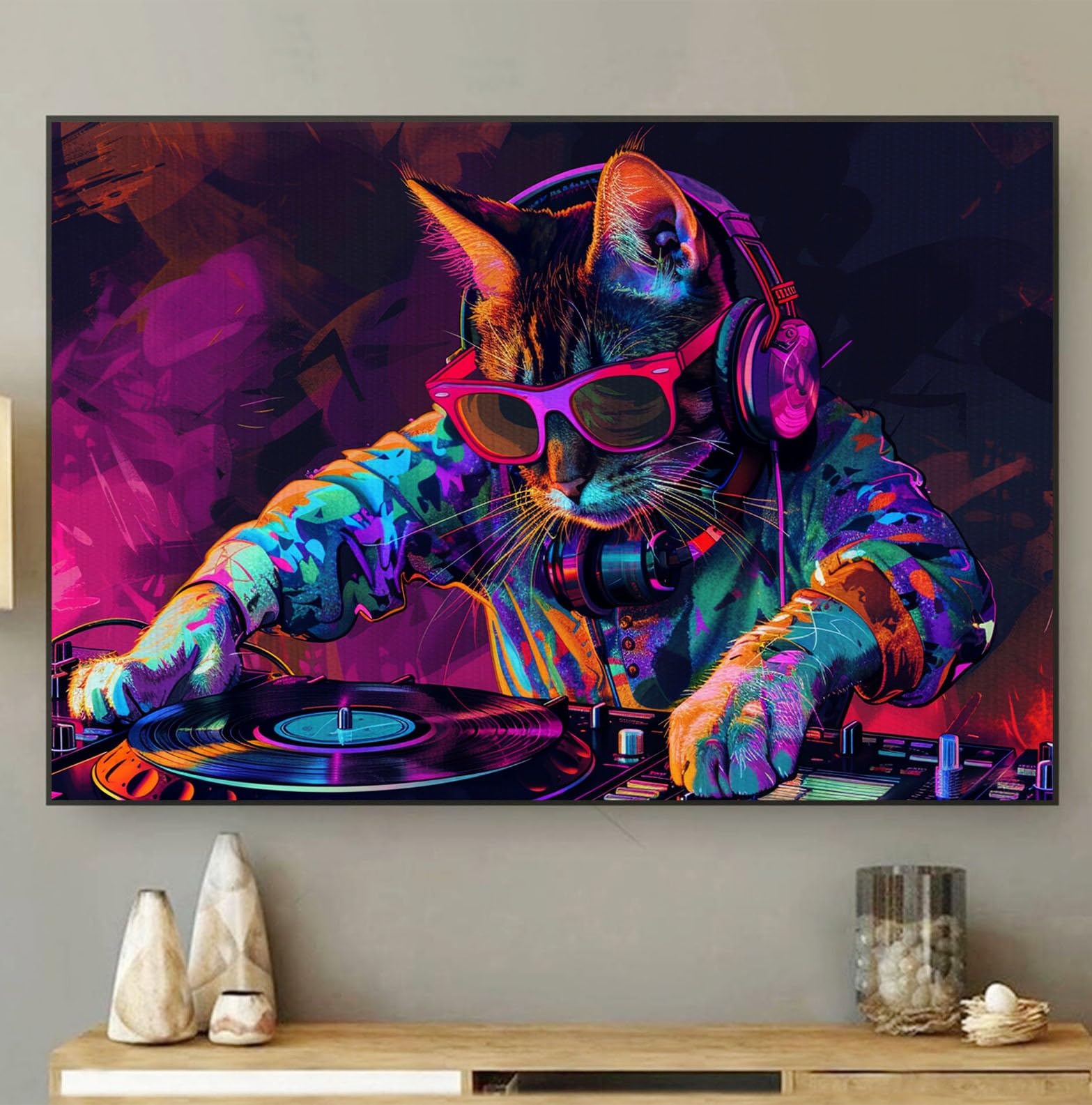 Amazon.com: DINHVBIEN9322 Canvas Print Wall Art- Cat Play DJ in