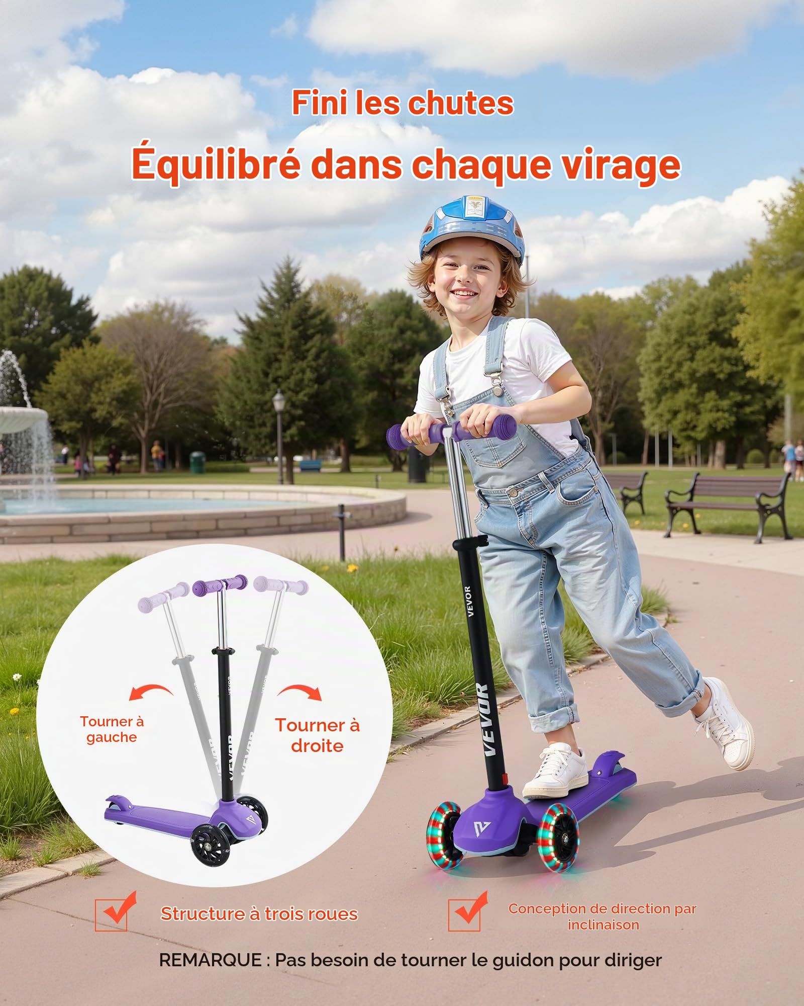 VEVOR Trottinette enfants 3 ans et plus, patinette à 3 roues avec roues lumineuses, guidon réglable en hauteur, large plateau antidérapant, cadre aluminium léger pour garçons et filles à 74 kg, violet