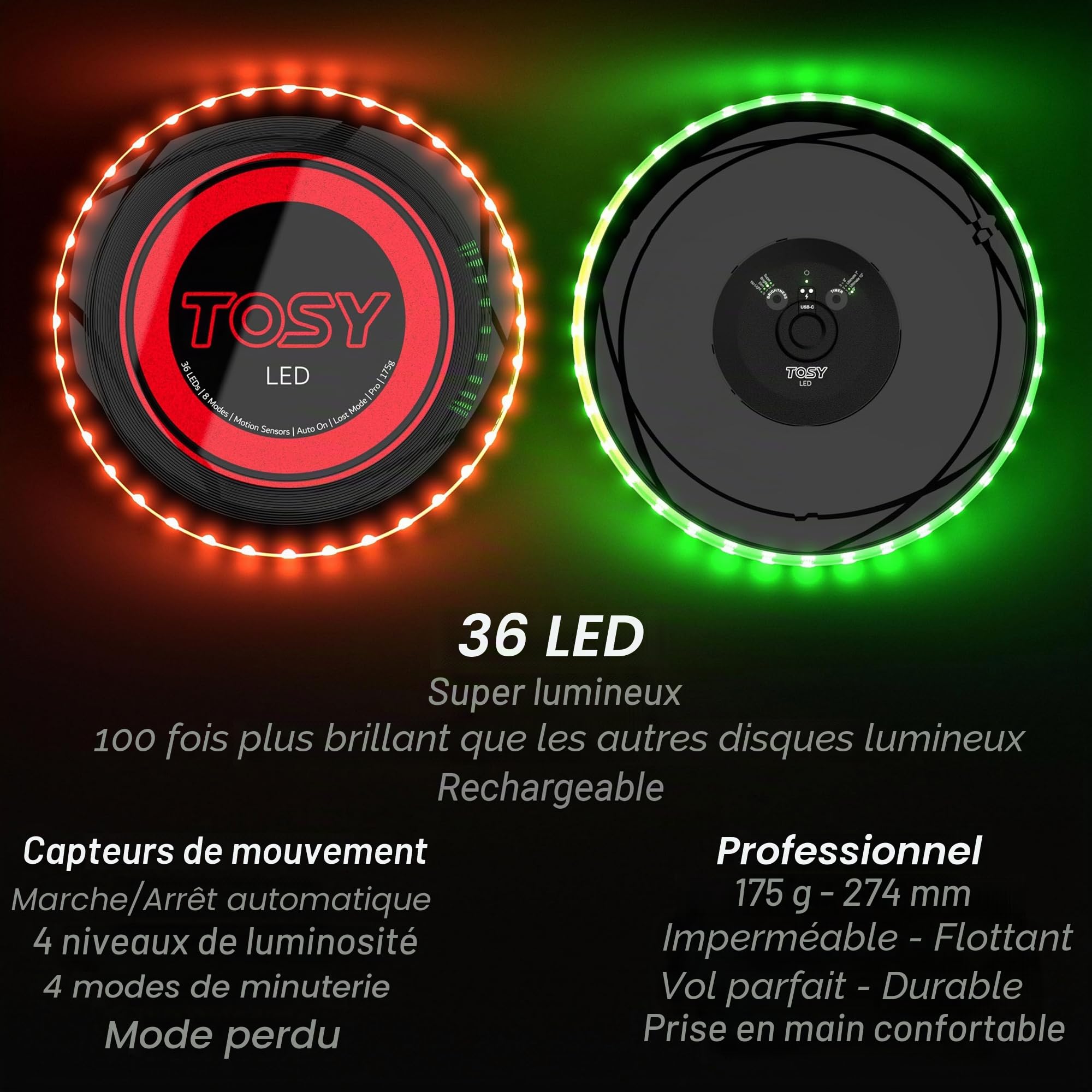 TOSY Disque Volant 36 LED, Lumineux, Modes Intelligents, Auto on/Off, Rechargeable, Anniversaire, Cadeau de Noël pour Hommes/Garçons/Adolescents/Enfants, Frisbee 175g