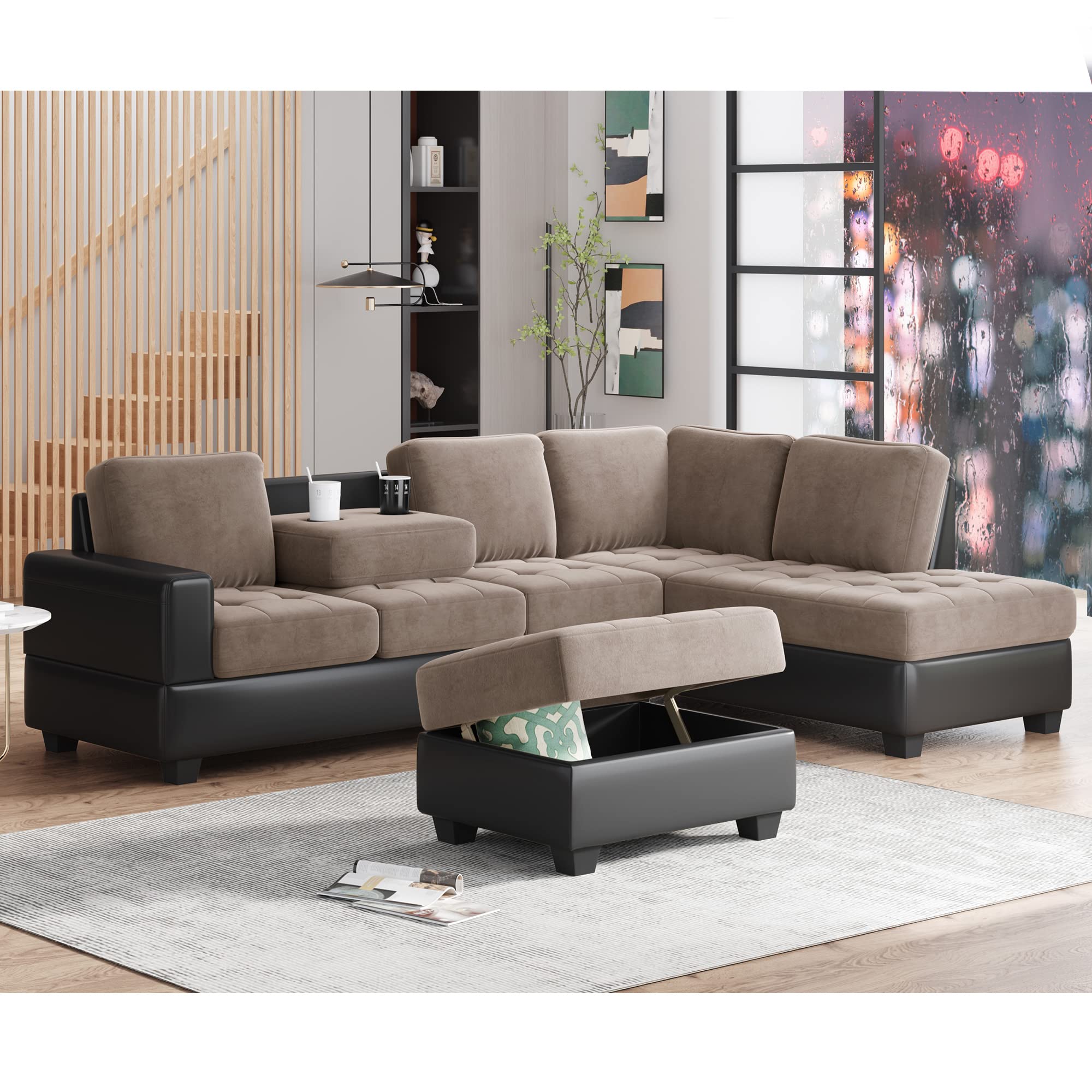 UBGO sectional Living Room Furniture Sets,Modular 5 Seater, Combination Corner, Velvet L-Shaped Sofa with Storage Footrest and Cup Holder for Large Space Dormitory Apartments,Brown