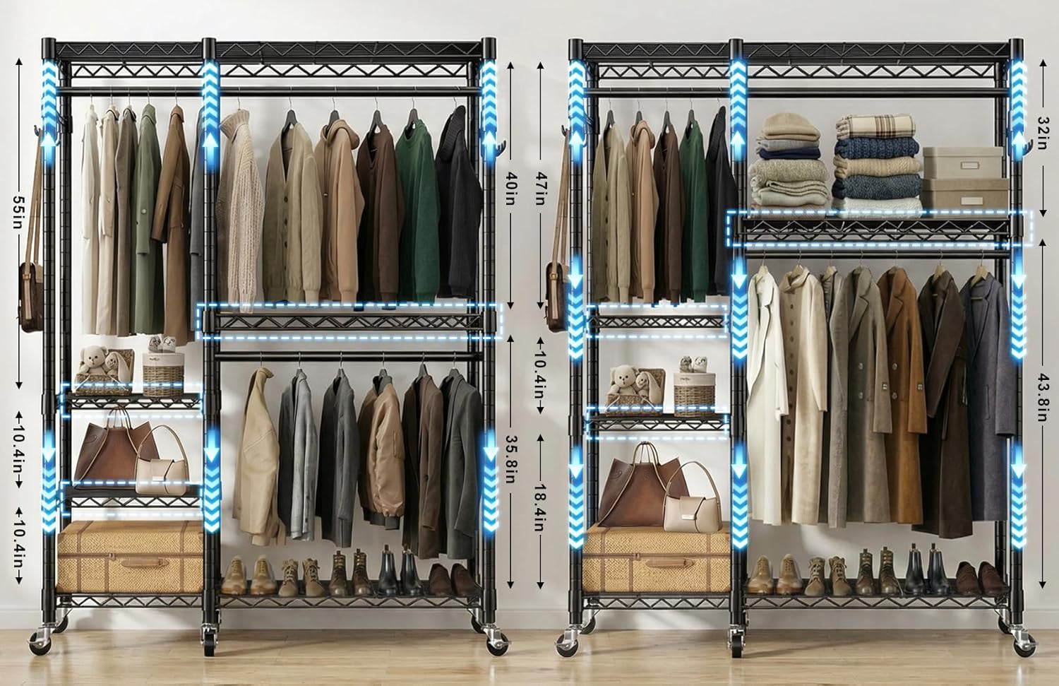Rolling Heavy Duty Clothes Racks for Hanging Clothes, 5 Tiers Portable Garment Clothing Rack with Shelves Double Rods and Side Hooks, Freestanding Wardrobe Closet Organizer Storage, 45"X17.1"X76.4" Large