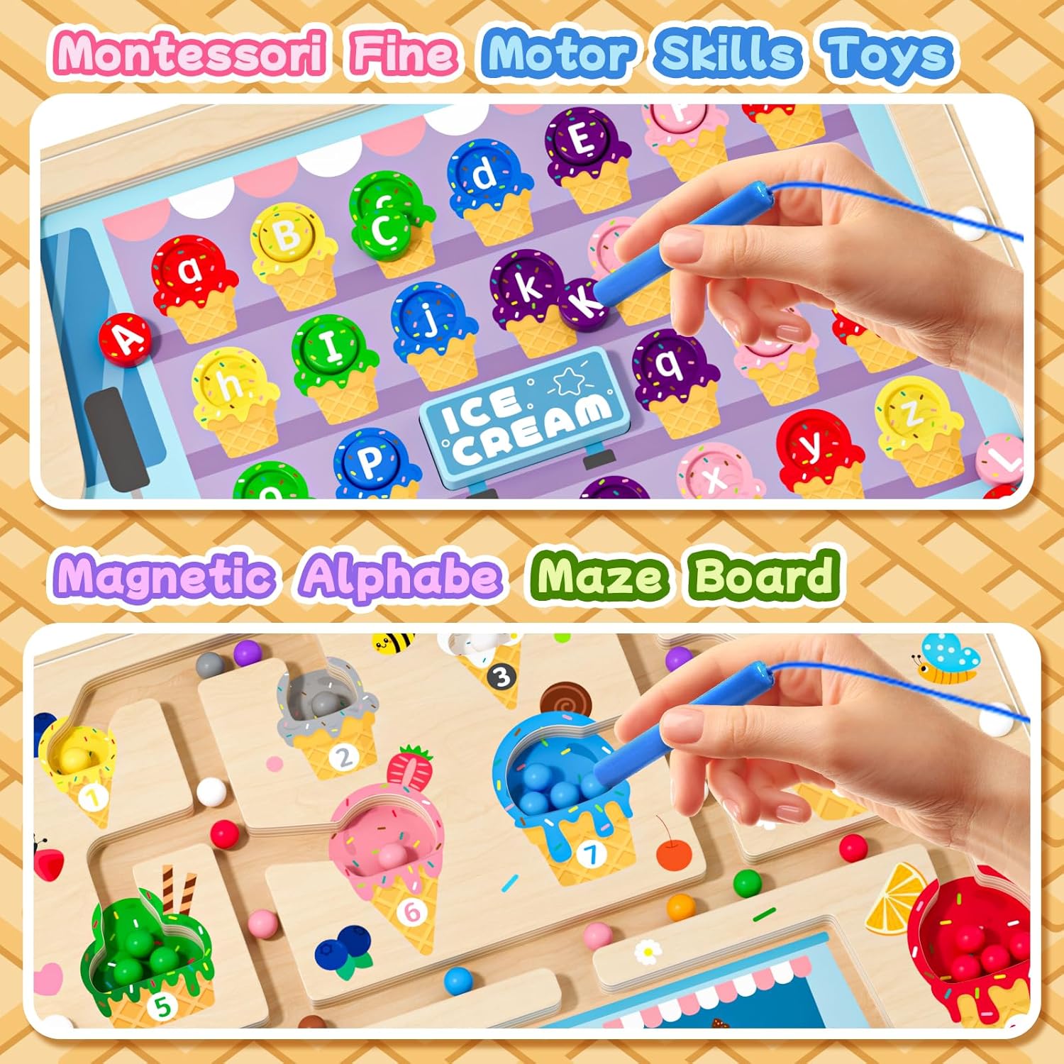 2 in 1 Magnetic Color and Number Maze Double-Sided ABC Alphabet Puzzles Board Magnet Dinosaur Counting Maze Preschool Learning Montessori Education 3 4 5 Years Toys (Ice Cream, One Size)