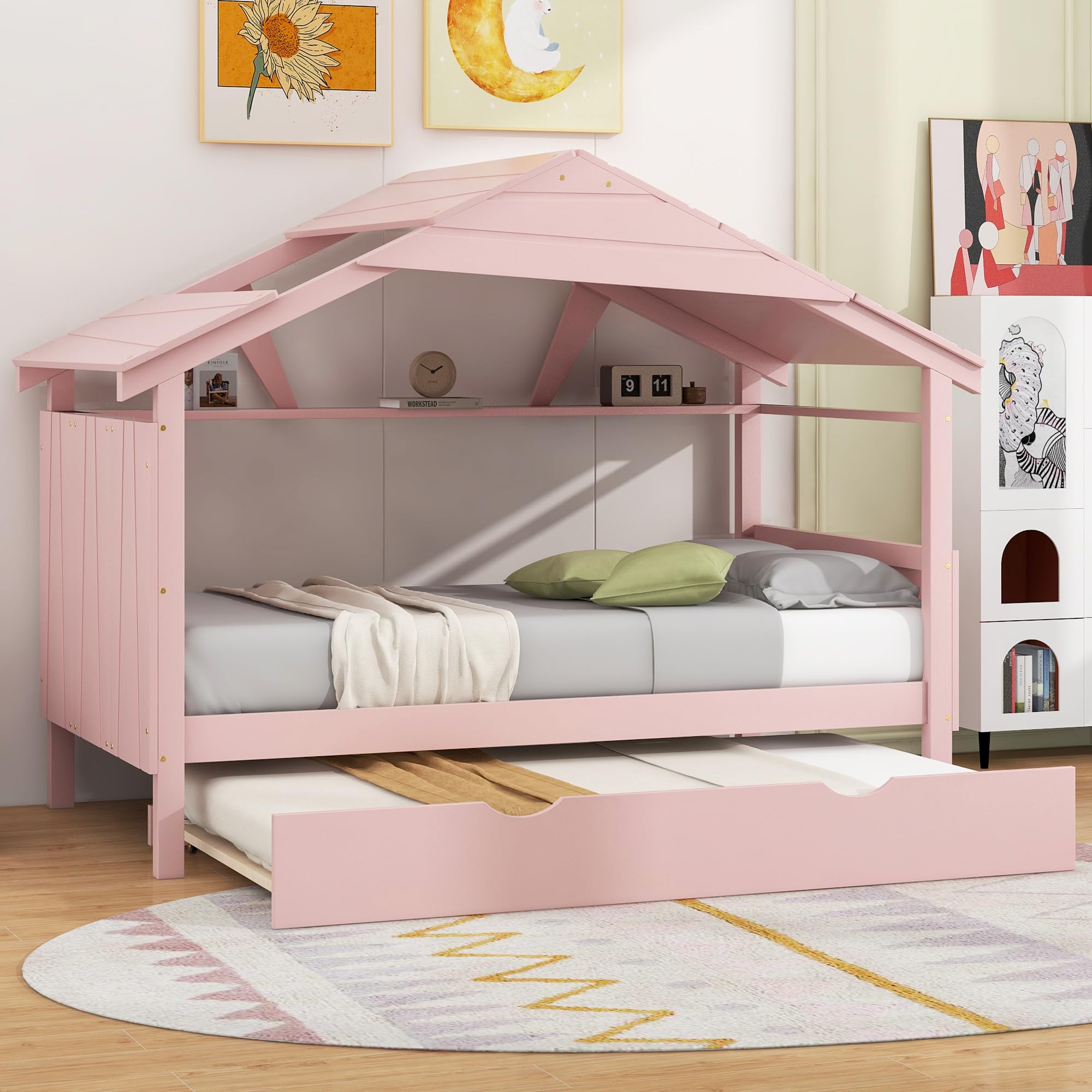 (incomplete box 2 of 2 Unique Wood Twin Size House Bed with Trundle and Built-in Storage Shelves, for Kids Boys Girls Teens Bedroom Use (Pink@Trundle, Twin)