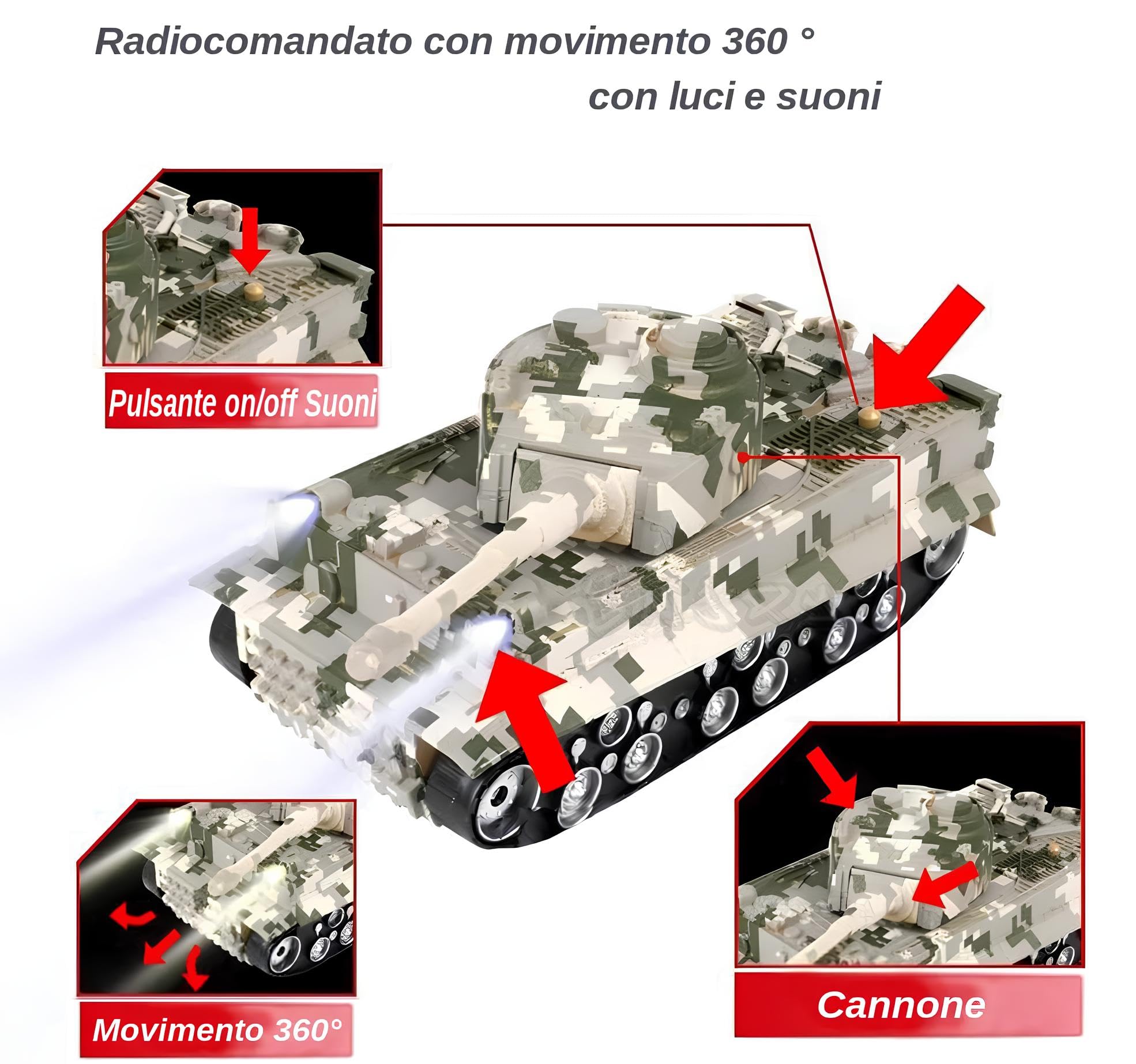 Carro Armato Radiocomandato Grande cm 28 con Luci Suoni Effetti Sonori Torretta Girevole 360° Battle Tank RC Veicolo Militare Camouflage Giocattolo