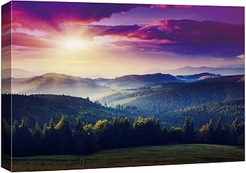 wall26 Canvas Print Wall Art Pink & Orange Sunrise Over Purple Mountain and Green Forest Nature Floral Photography Realism Rustic Colorful Multicolor Ultra for Living Room, Bedroom, Office - 24"x36"