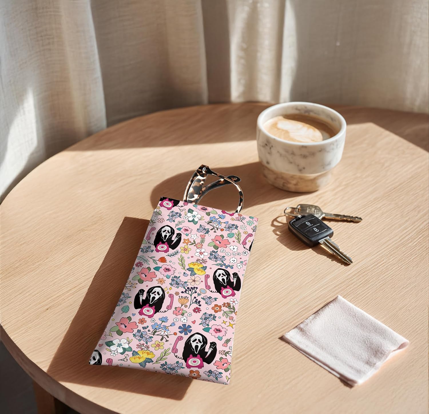 Eyeglasses Case & Sunglasses Case-PU Soft Squeeze Top Glasses Pouch for Men Women, Skull Flower Portable Anti-Scratch Eyewear Bag, Reading Glasses Bag-Leather Soft Sleeve