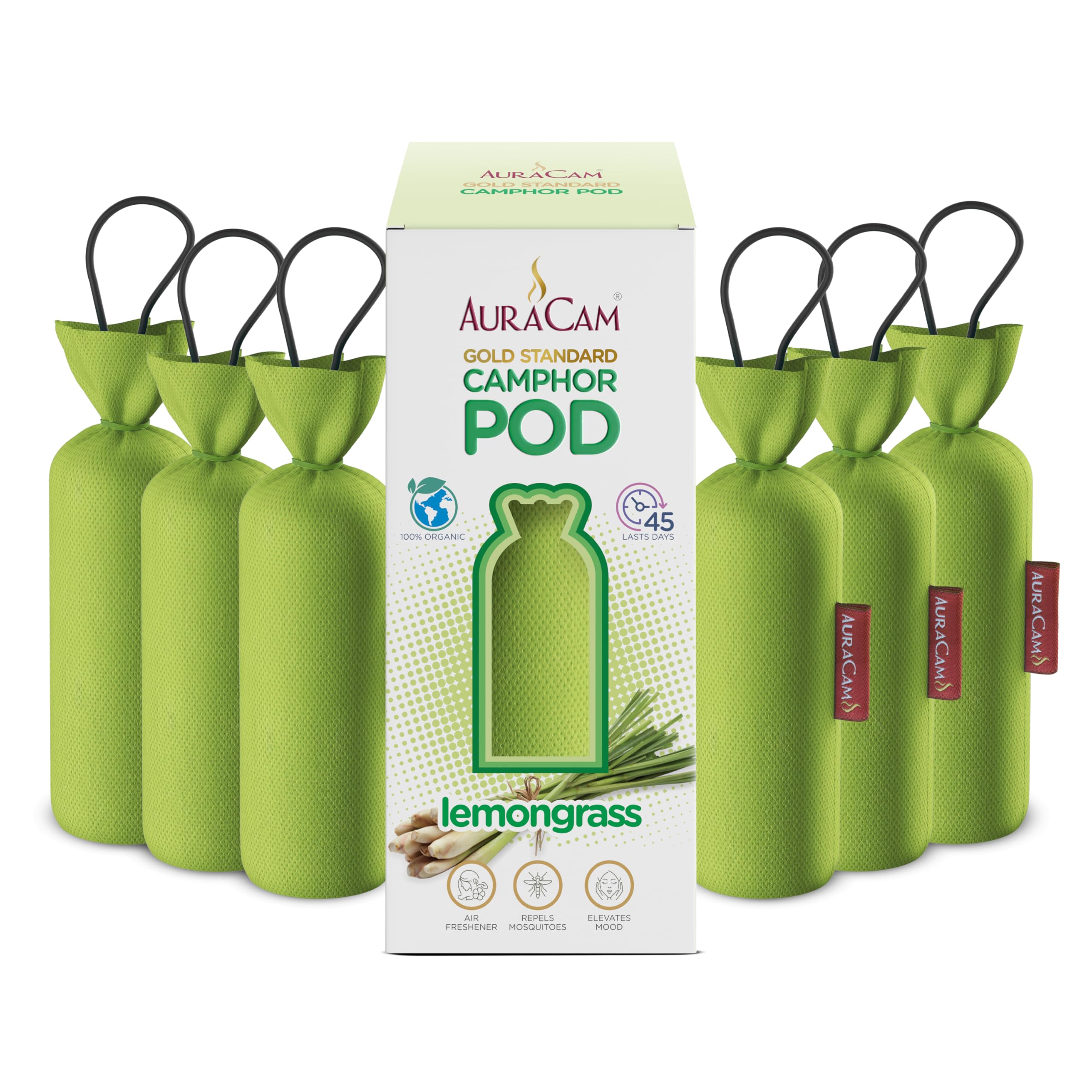 AuraCam Gold Standard Camphor Pod Cone Lemongrass- Set of 6 - Pod Air freshener For Room, Car, Bathroom, Office & Toilet | Long-Lasting Cone for Home