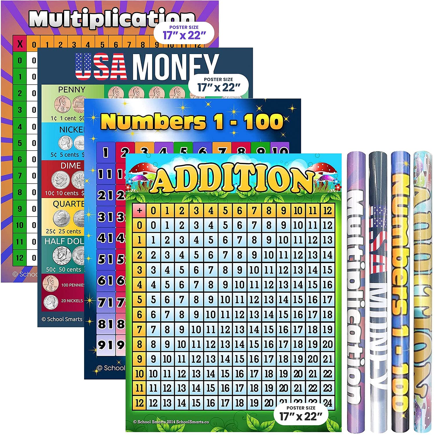 Amazon.com : School Smarts Addition, Multiplication, Numbers 1-100, and USA  Money Poster Bundle for Kids, Large Durable Visual Learning Tools for Use  in Homeschool or Elementary Classroom Settings, Laminated, 17” : Office  Products