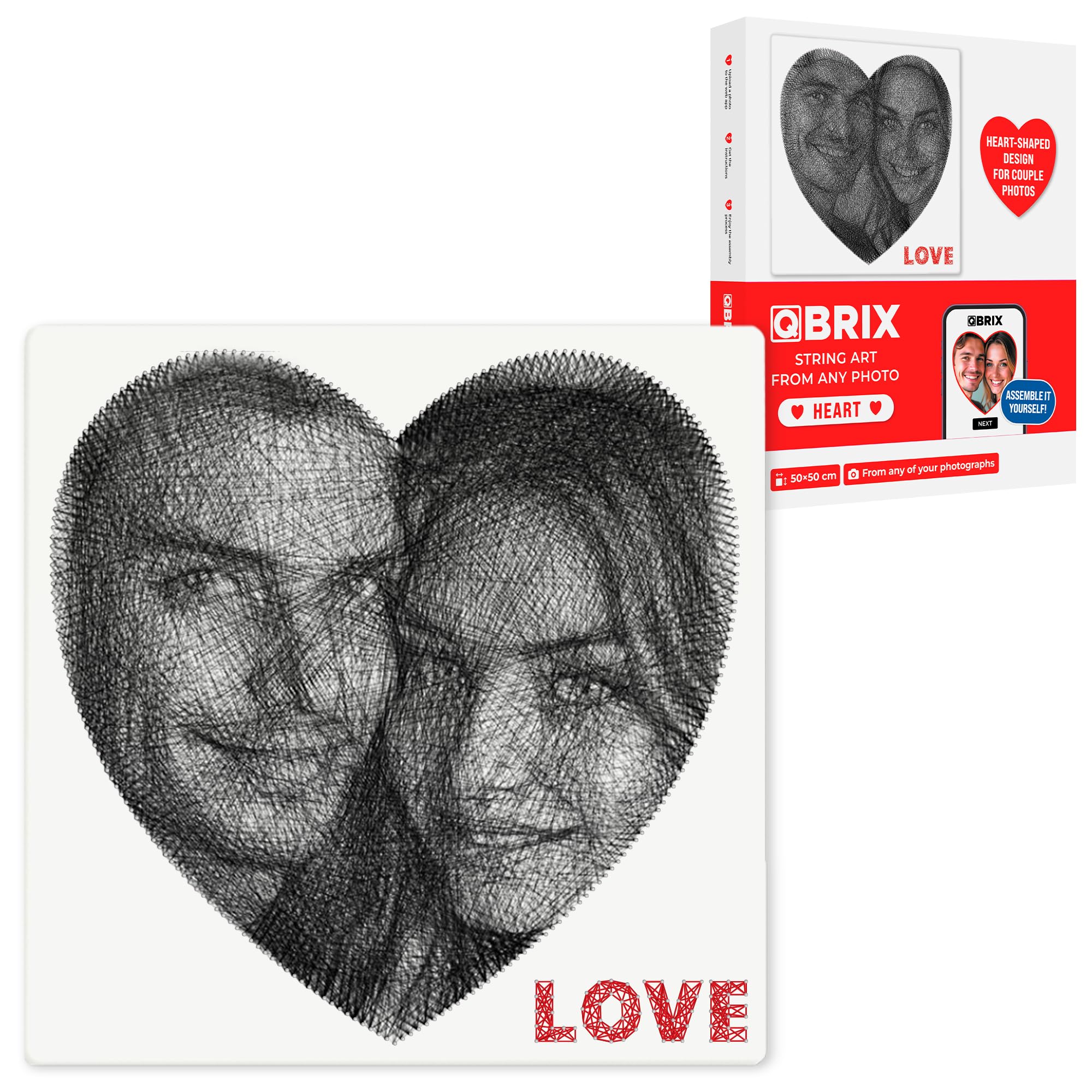 QBRIX Herz – String Art Fadenbild DIY | personalisiertes Geschenk | eigenes Foto als Garnbild | Wunschmotiv | Wandbild (Herz Form 50×50 cm)