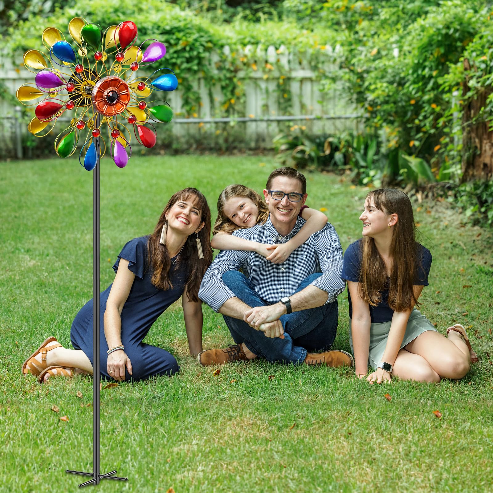 Molinillo de viento de jardín de 64 pulgadas, escultura de viento al aire libre con soporte de base de 5 puntas, molino de viento de metal para decoración de césped y patio al aire libre